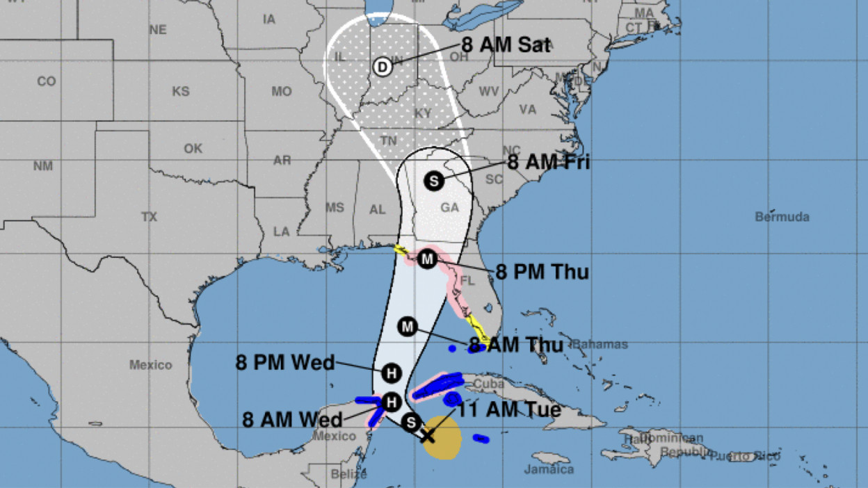 A weather map of the southeast United States showing the projected travel path for Tropical Storm Helene. It is predicted to hit the state of Georgia.