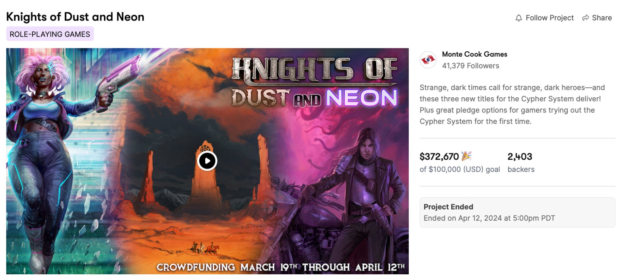 screenshot of the final result for the Knights Of Dust And Neon project on Backerkit, with $372,670 in pledges and 2,403
backers