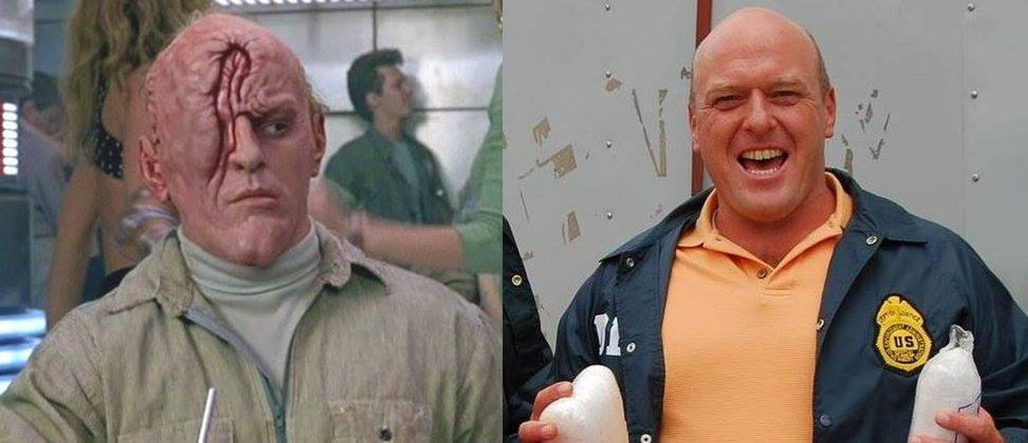 left side: the mutant "Tony" from the movie "Total Recall."
right side: ADA Hank Schrader from the TV show "Breaking Bad."
both are played by actor Dean Norris.