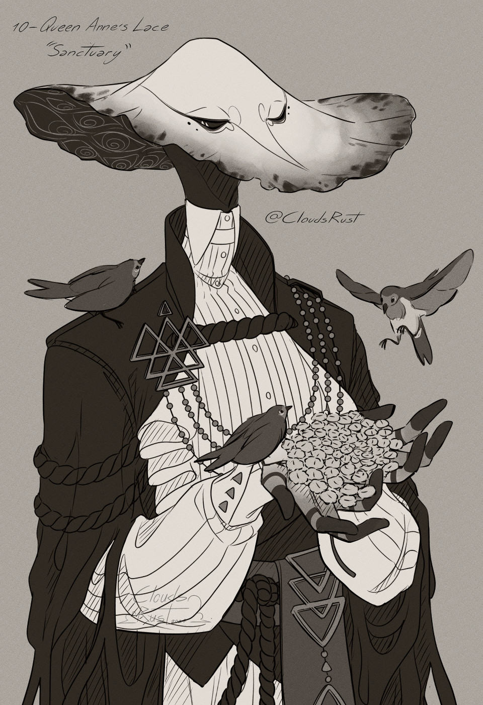 A monochrome half body of a shaggy inky cap object head. He is holding a Queen Anne's Lace flower with both hands and three robins are trying to reach it, two have already landed on his shoulder and hand while another is still in flight. The character is dressed like a priest, in a mixture of occidental shirt and cuffs, oriental jacket and belt and fantasy elements for the jewelry. The most particular part of his outfit is the jacket's long sleeve that seem to be dripping as if drenched in ink. 