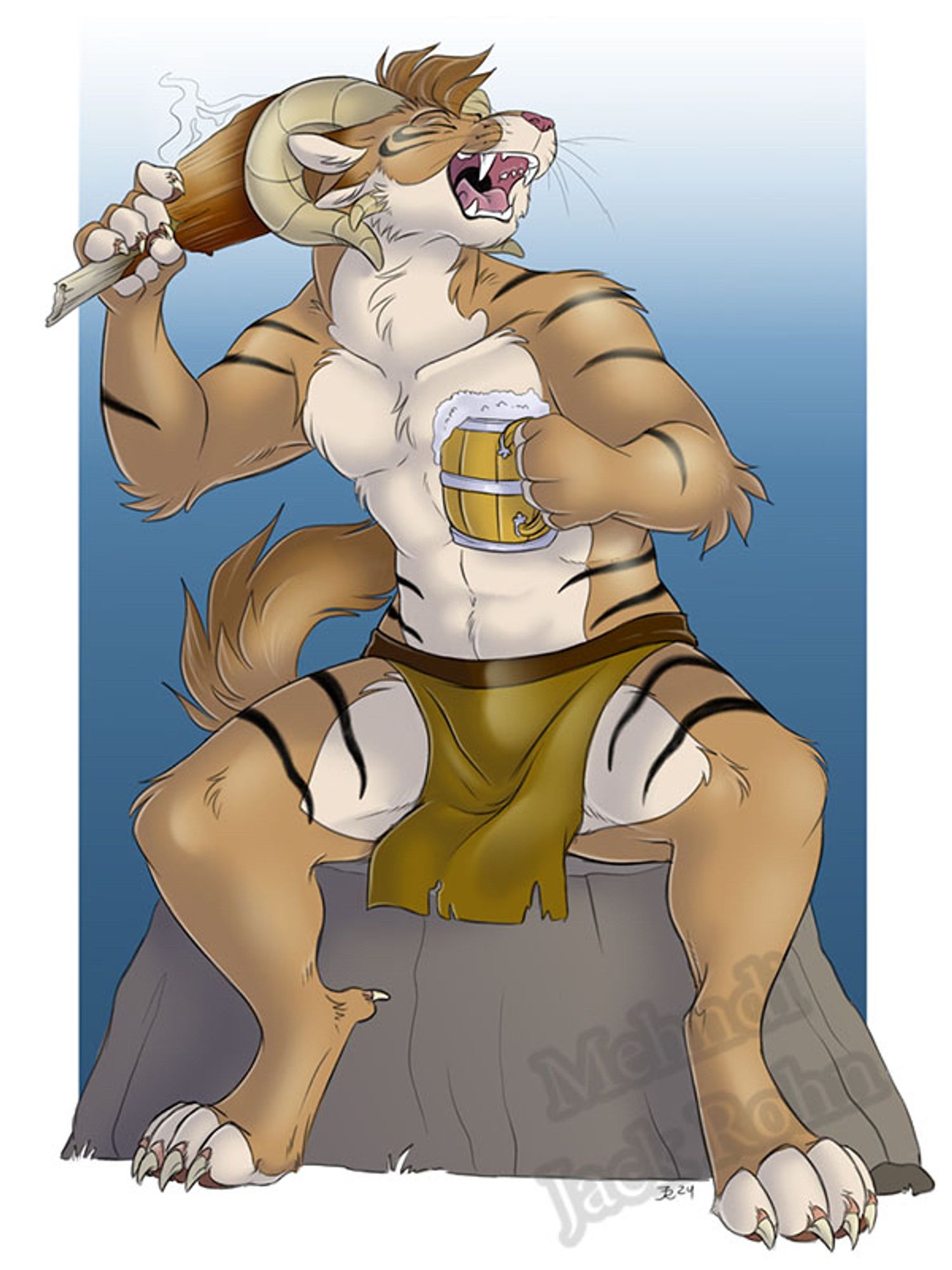 A tiger like and Theo cat creature sitting on a rock being excited to have meat and beer. He’s sporting a pair of big horn sheep like horns. He has a smaller set of horns and two pairs of ears.