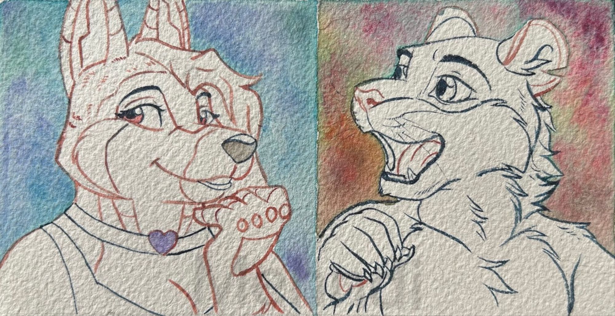 Two profile busts. The left is a fox with and side cut hair cut. She’s on a purple/blue background. She has a heart choker and tank top on. Her hand is by her mouth. The right is a snow leopard who still needs his rosettes. He looks excited as he looks over his right shoulder. His right hand is raised up.