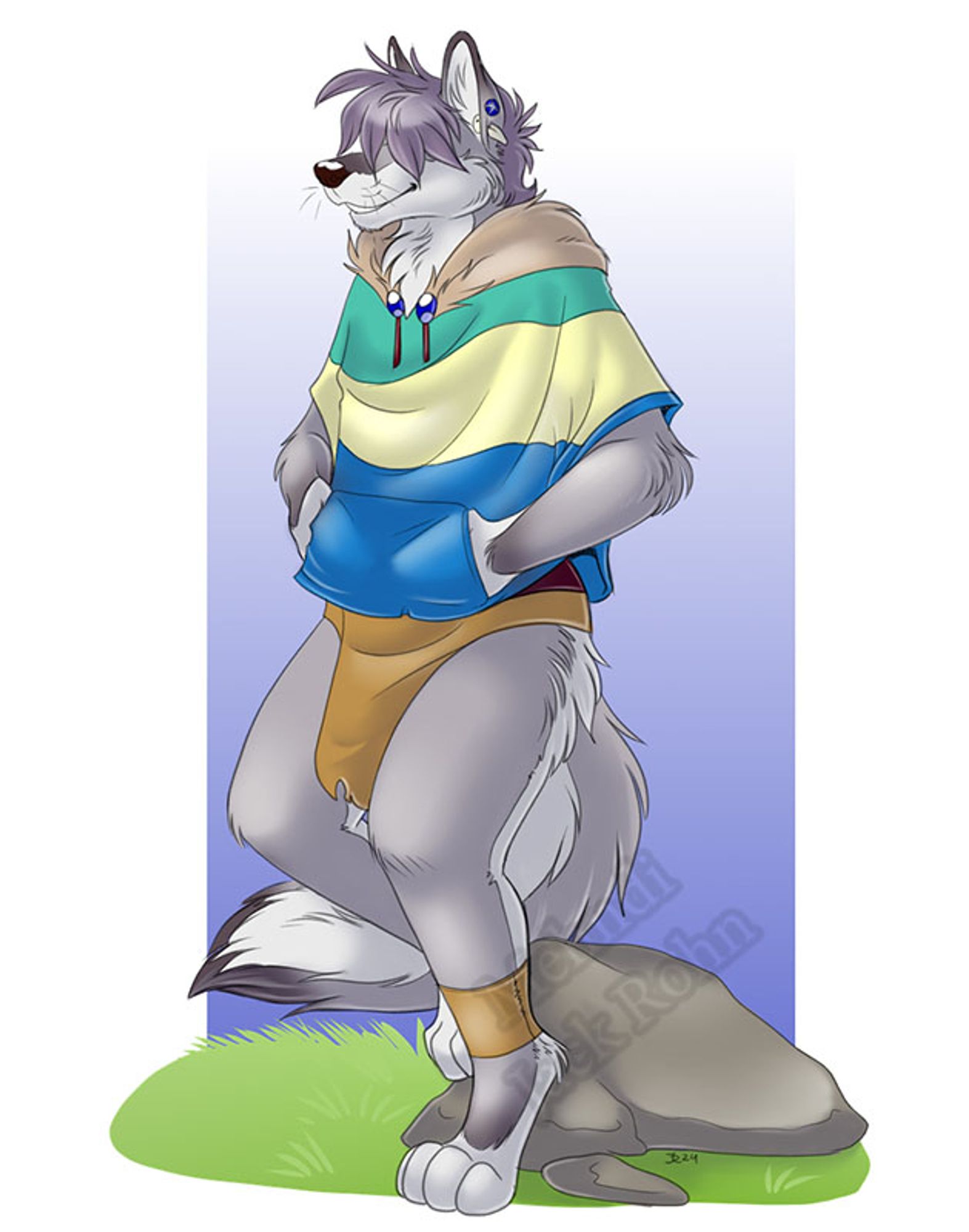 An anthro wolf wearing a pocketed poncho that's green, yellow and blue striped with a fur lined hood.He has a leather loincloth on and an ankle cuff. His mute purple overgrown hair covers his eyes.