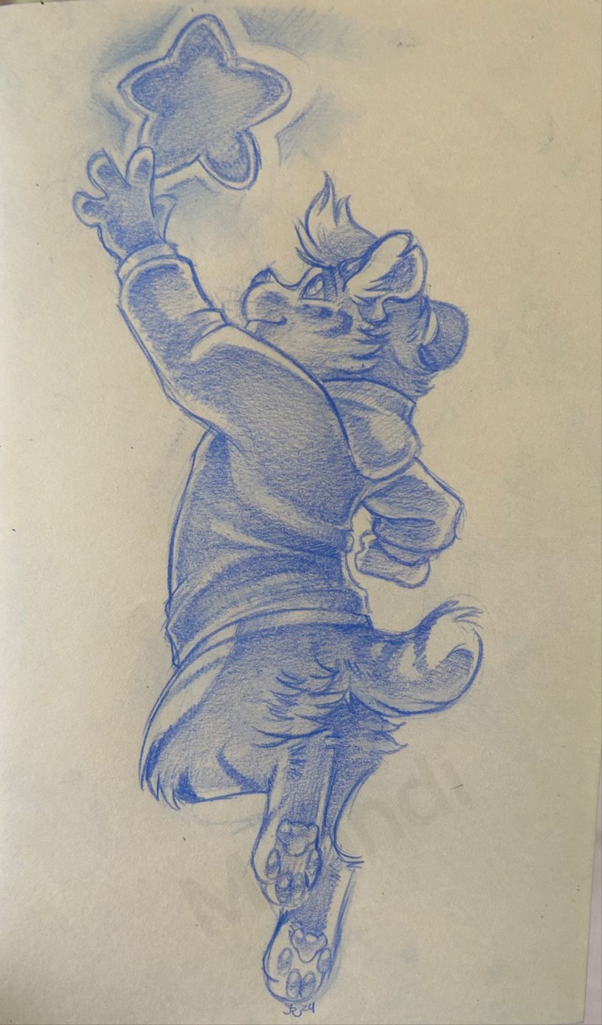 An anthro tiger wearing a hoodie. He’s leaping towards a star. He’s drawn with blue pencil lead.