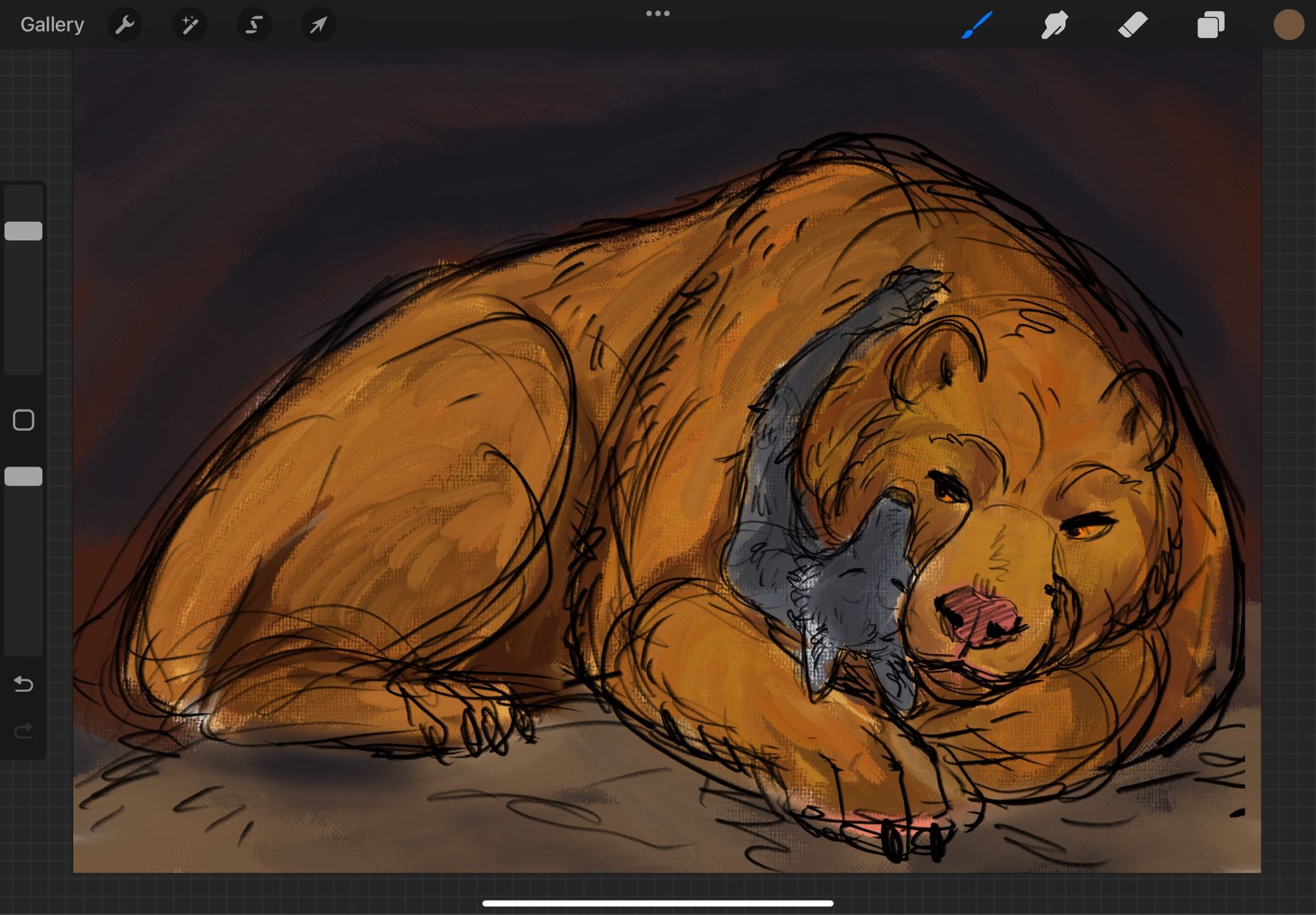 A sketch of a big golden bear cuddling a black wolf anthro.