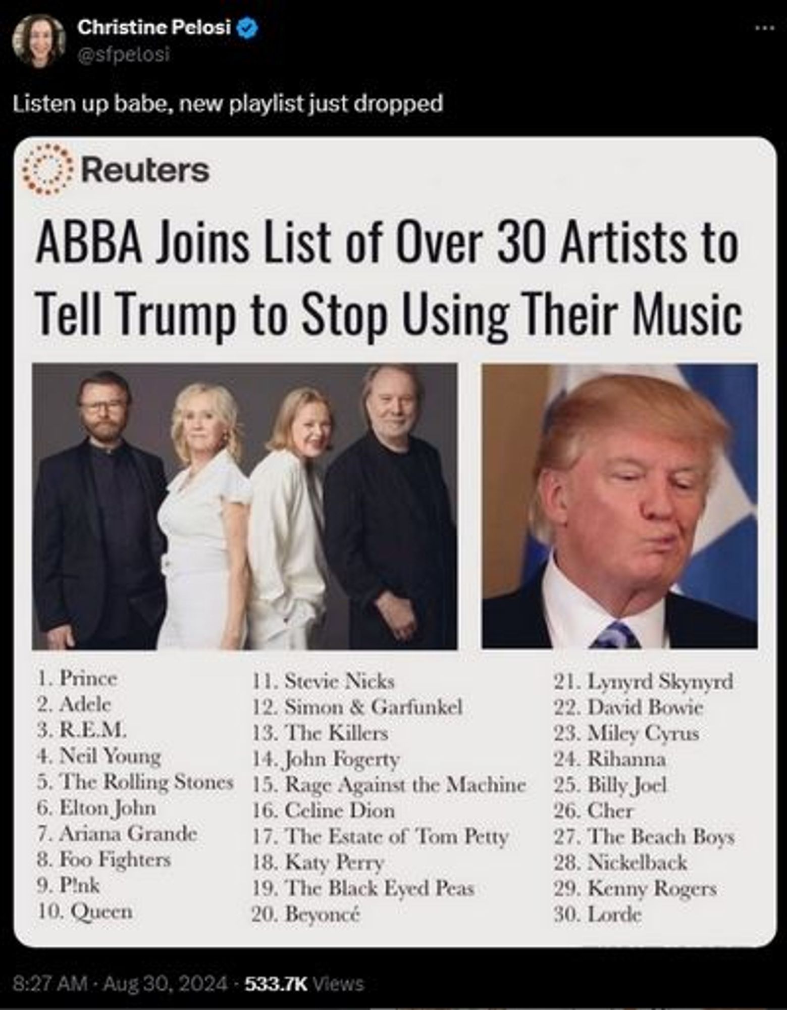 Screenshot Reuters:
ABBA Joins List of Over 30 Artists to Tell Trump to Stopp Using Their Music