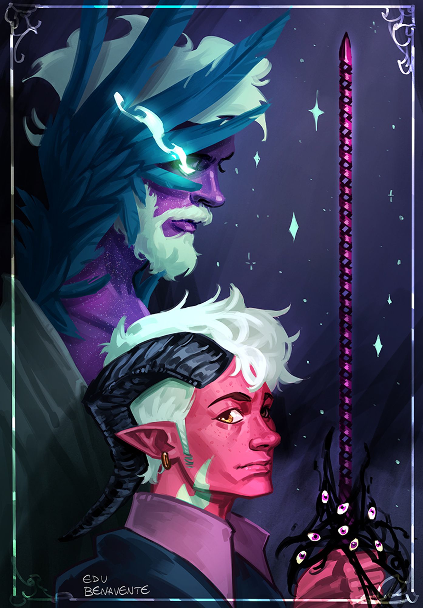 Side portrait of Theo, pink-skinned tiefling with pale green hair and a scar of the same color, with a menacing man with dark purple skin and feathers covering half his face behind him.