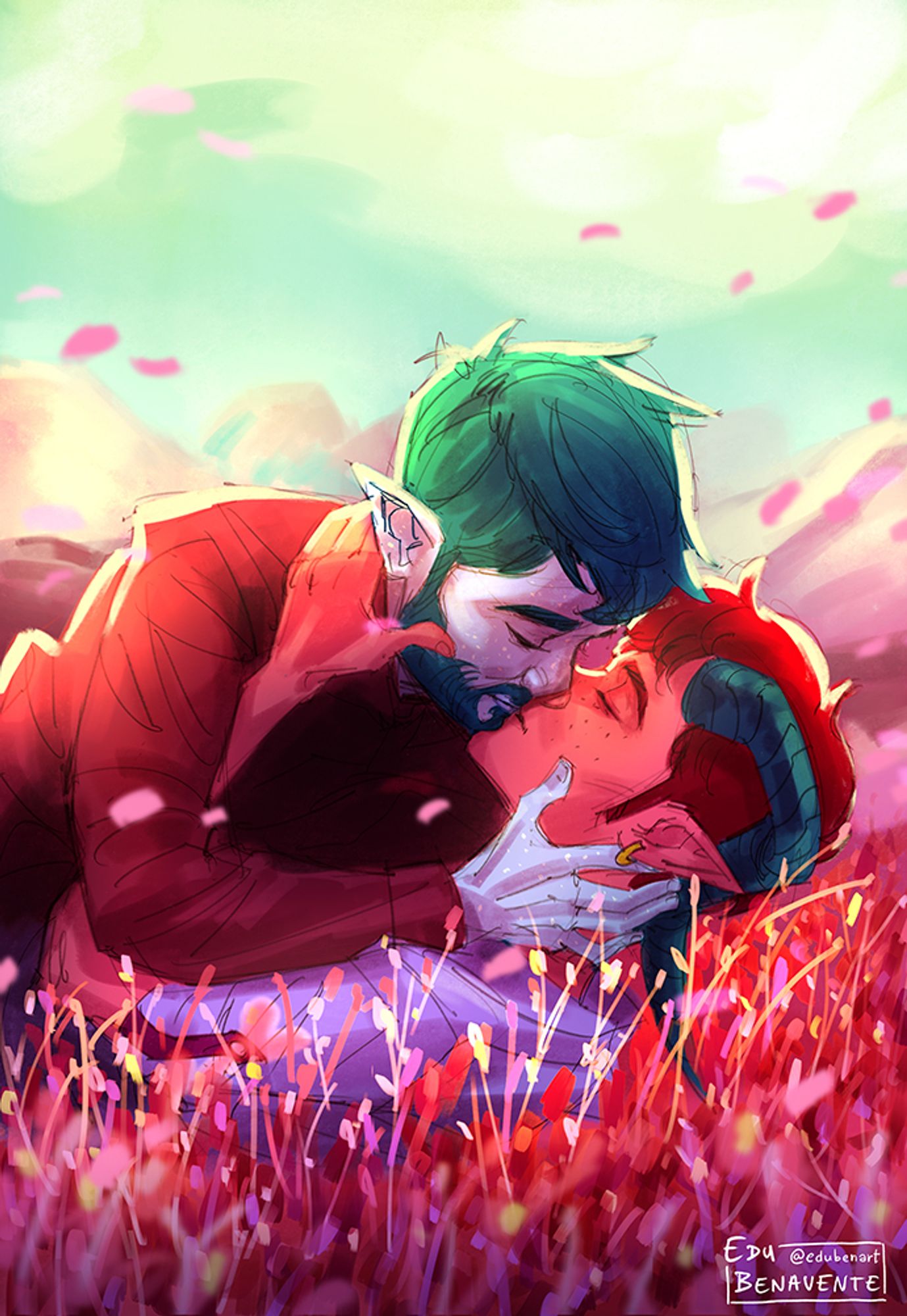 Pride piece of two men kissing in a flowery meadow. One is the pink tiefling, with dark red hair this time, and on top of him there's a half-elf with pale blue skin and darker blue hair.