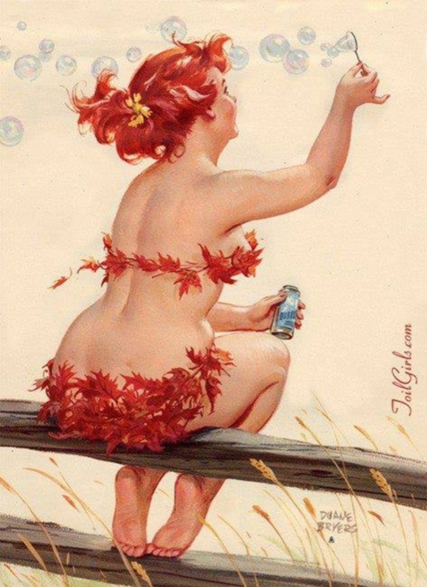 Hilda in a bikini of autumn leaves sitting on a rail fence and blowing bubbles in the breeze