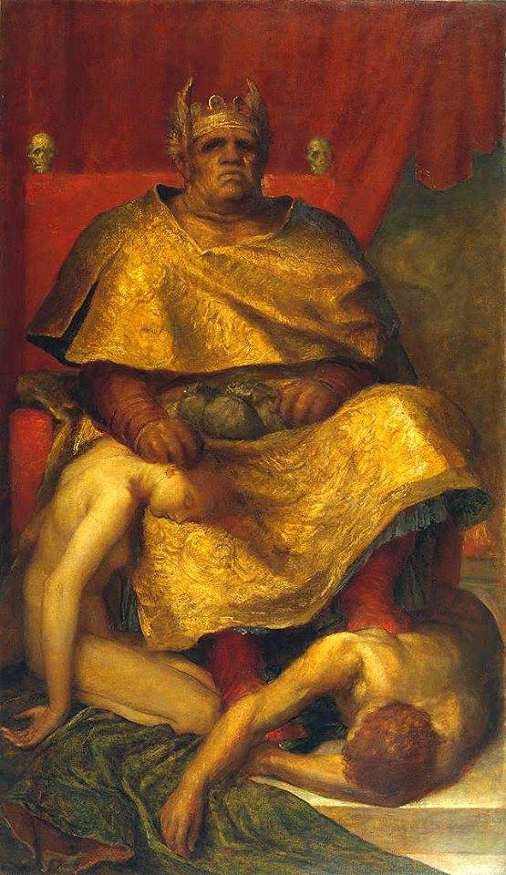 a brutal-looking man on a throne, wrapped in a gold robe. at his feet are a dead man and woman