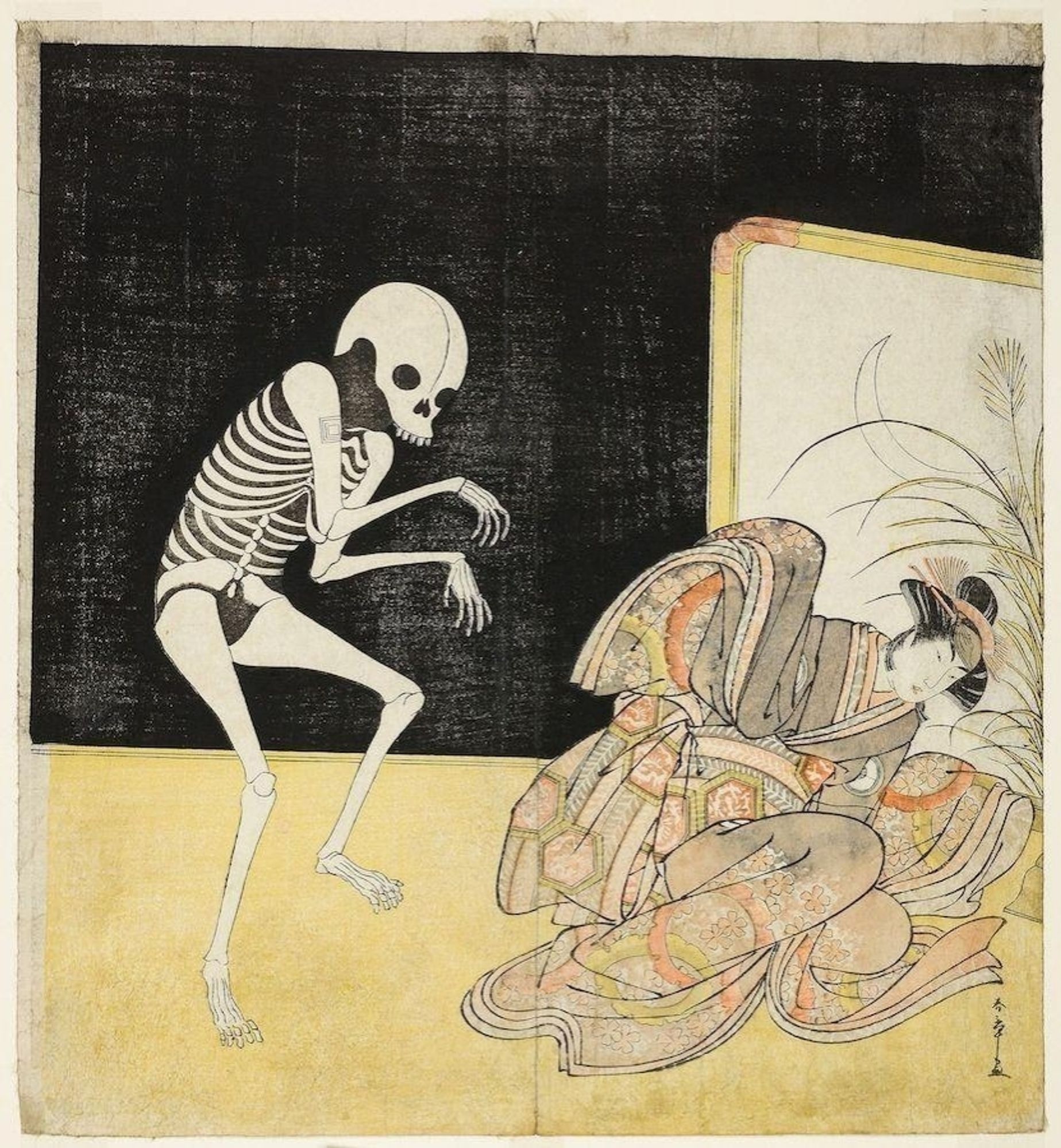 Color print of a Skeleton Man tiptoeing up on sleeping woman