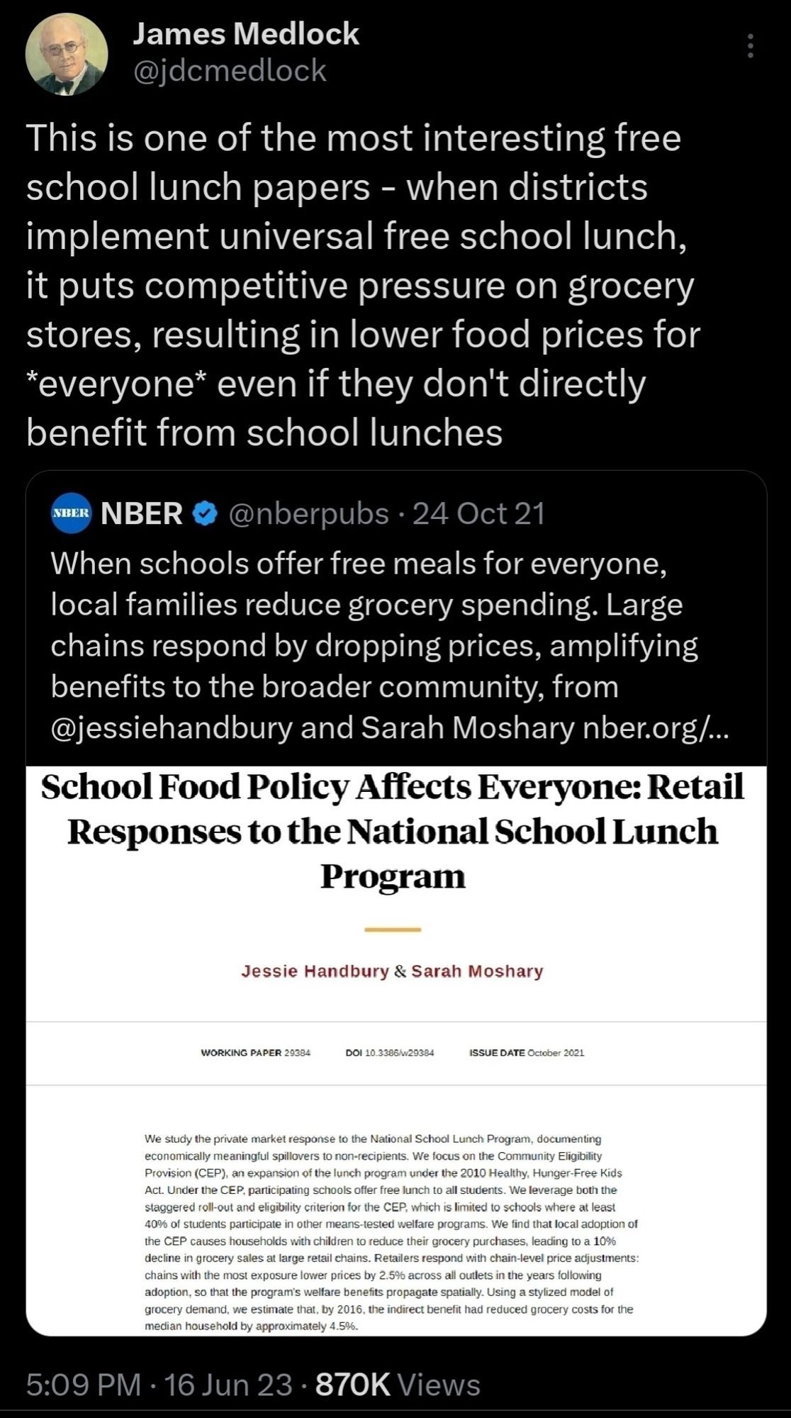 Screenshot of a tweet taken from yet another social network but summarize that it is a note to summarize a quote of a quote here a paper from the National Bureau of economic research showing a result that free lunch programs reduce the amount that parents spend at grocery stores which makes grocery stores cut their prices because demand is down and so everyone in the area gets lower grocery prices