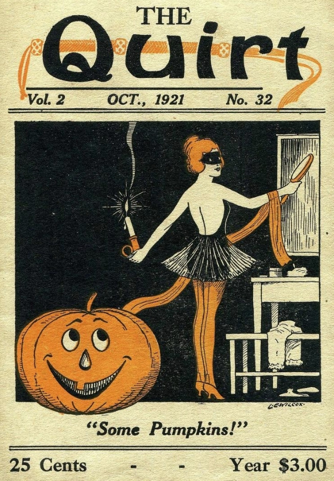 Cover of the magazine the court Illustrated with picture of a woman in a sort of tutu wearing a black mask across her eyes holding a candle and a candle holder in one hand and a mirror in the other and grinning up at her is a jackalantern caption underneath some pumpkins! 