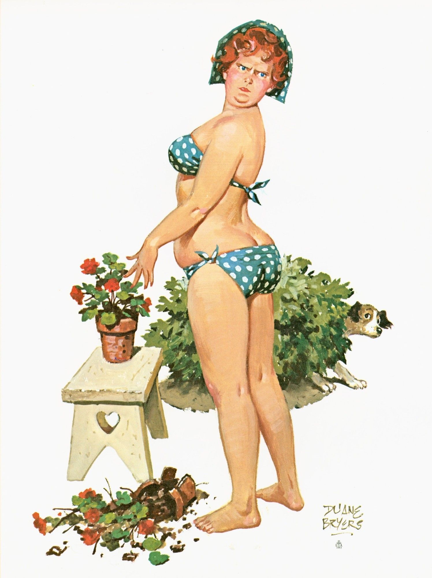 Hilda and a polka dot bikini is potting some flowers and she is looking over her shoulder and scowling and her little dog is looking same face from behind a bush because somebody has knocked over a pot with some flowers in it and broken it I'm sure Darth would agree the little dog is entirely innocent