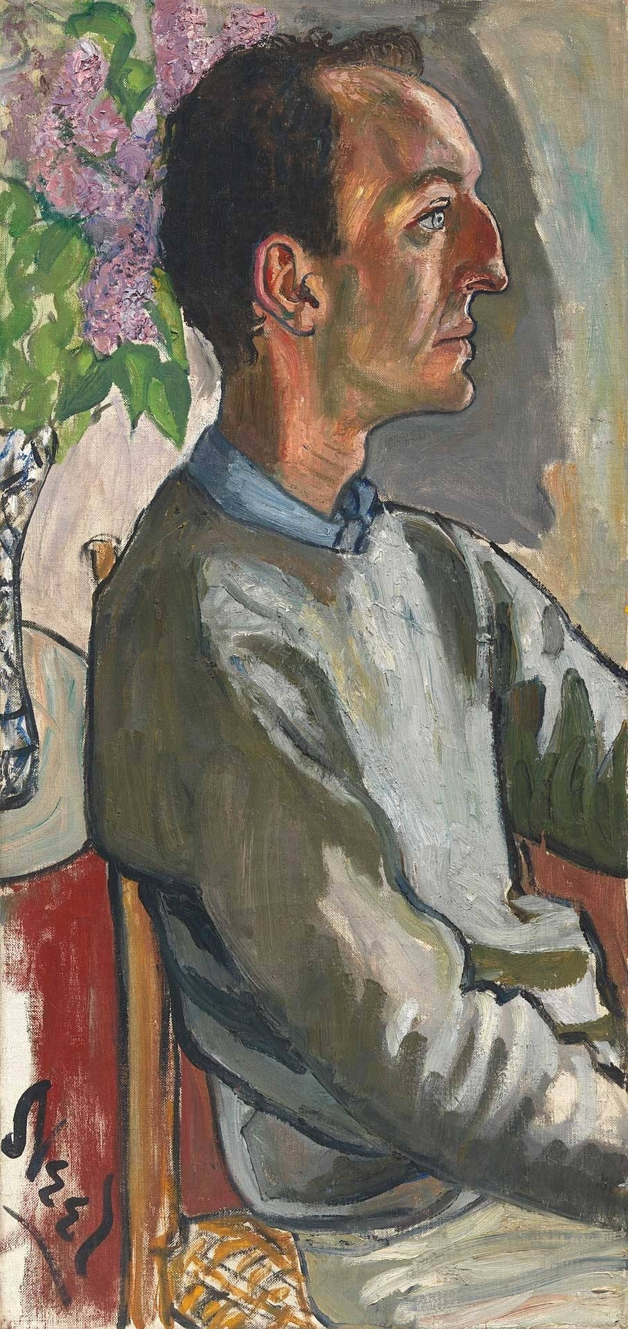 Painting of the poet wearing a gray sweatshirt seen a profile got an impressive shnozz on him