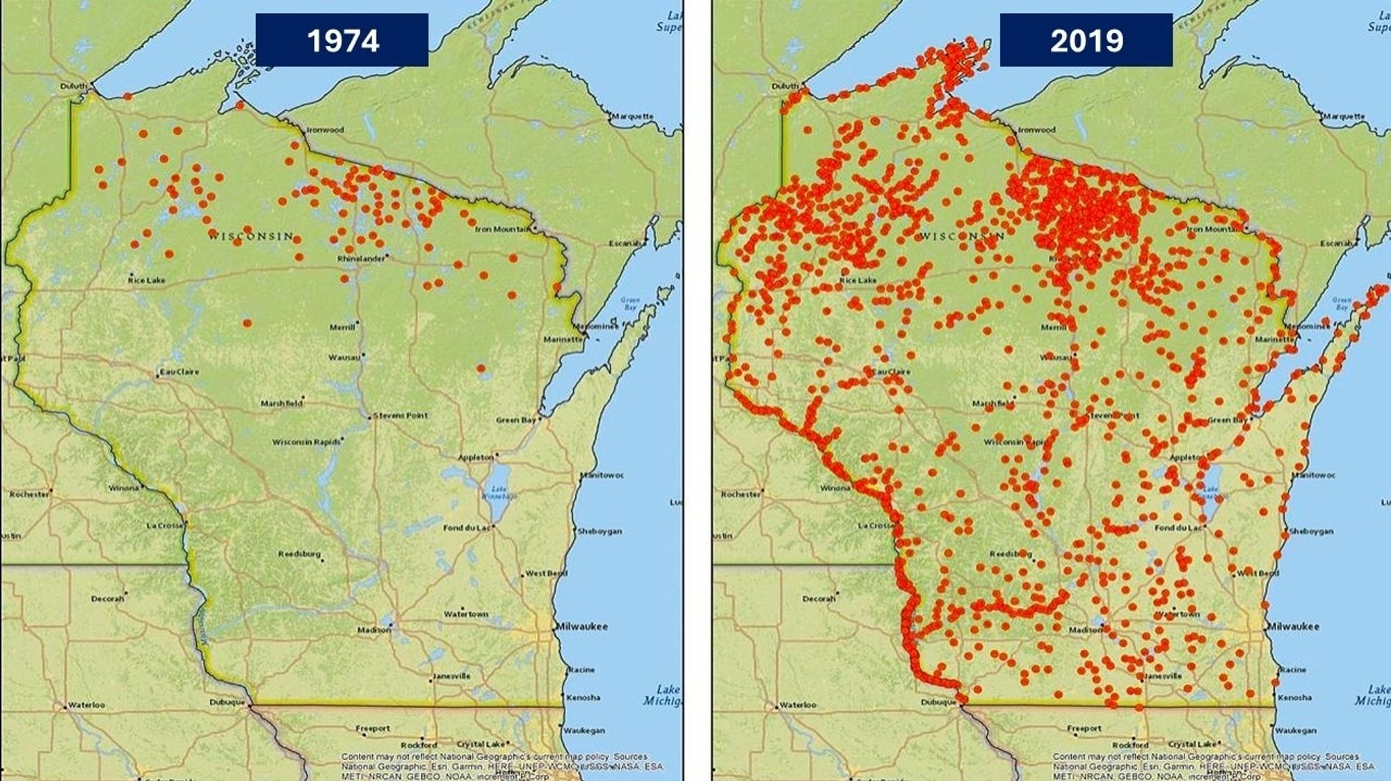 An image of two maps of the state of Wisconsin the 1974 version shows a scattering of red mostly along the northern border with Minnesota where their bald eagle nests and then five what is that 44 years later that area at the northern border is dense with red dots and there are red dots of bald eagle nests scattered throughout the entire rest of the state