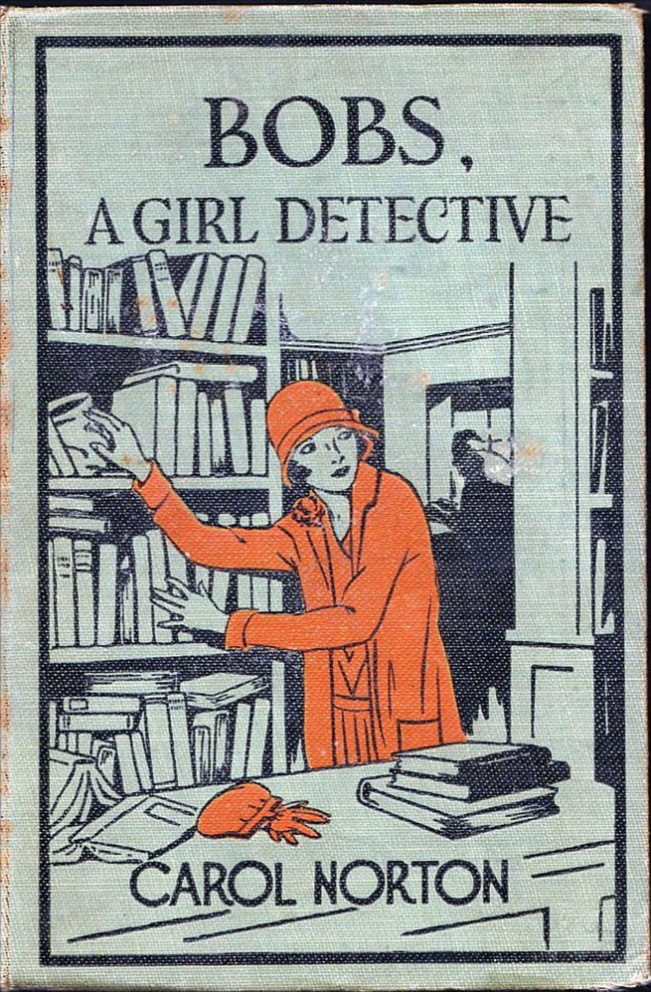 Book cover with a flapper in red furtively hiding something on a shelf while looking over her shoulder at a shadowy figure.