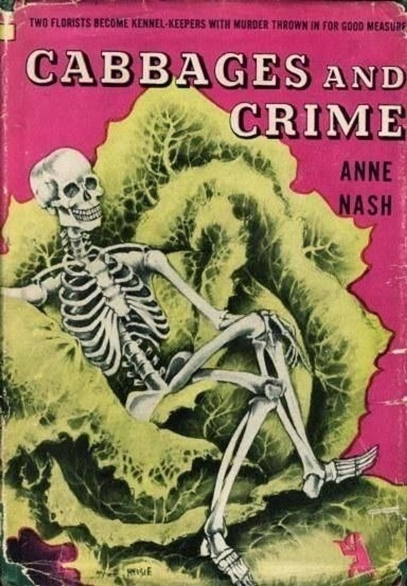 Mystery never mystery cover with a skeleton reclining in a head of cabbage there seems to be an artist signature down at the bottom but I can't make it out