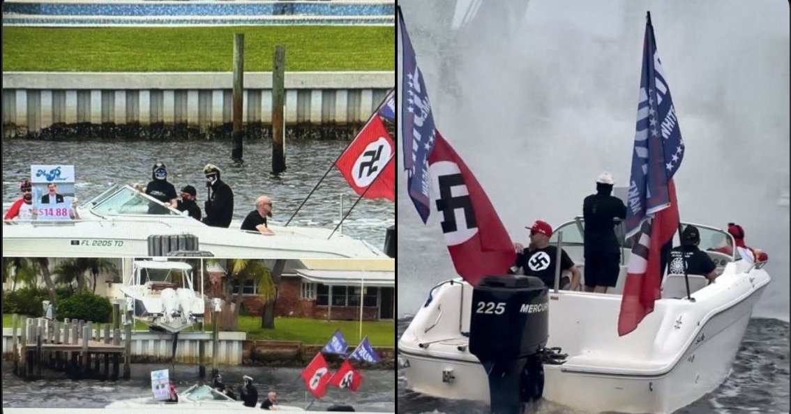 Two images of a boat with Trump and Nazi Flags participating in a boat parade of trump supporters