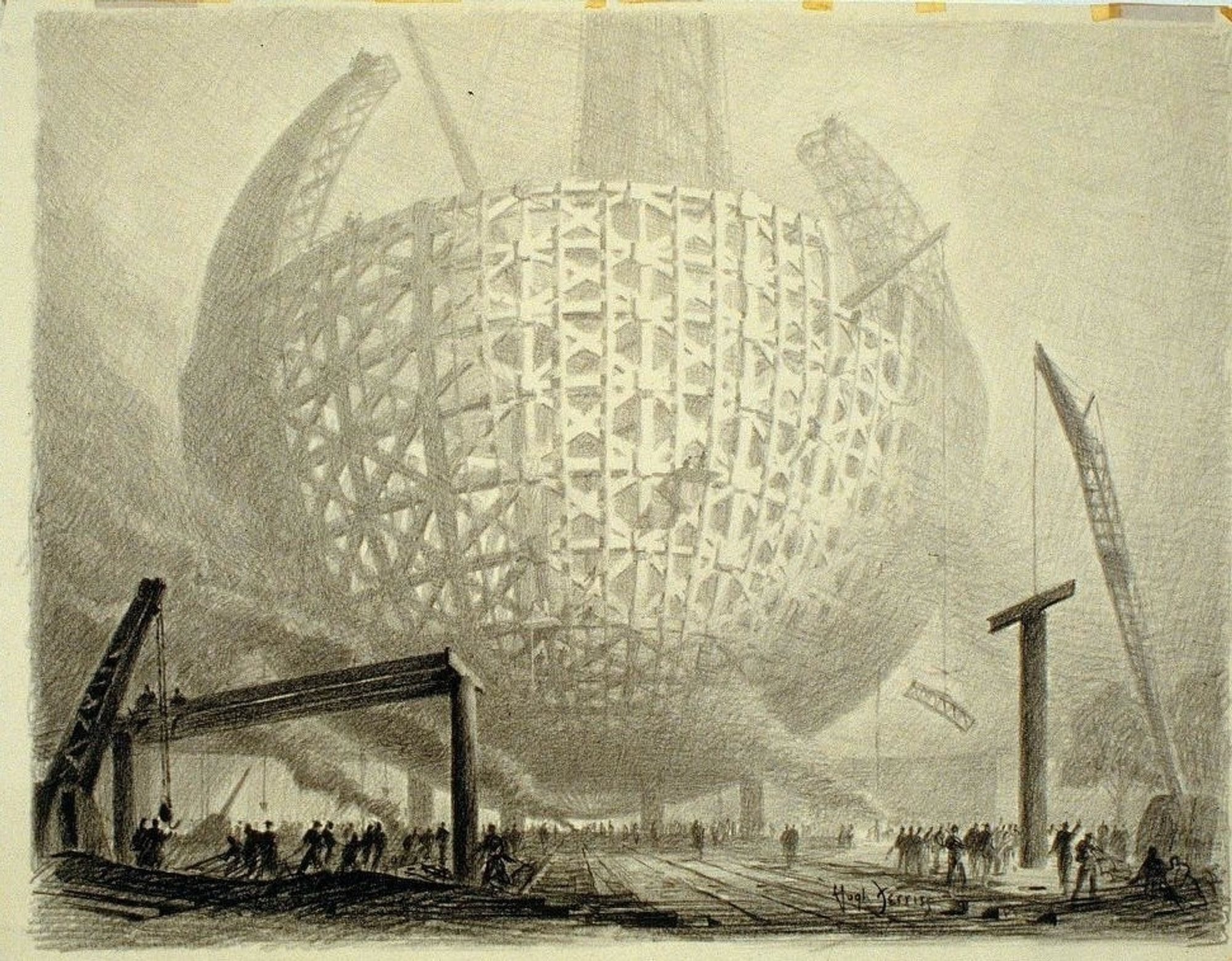 A drawing of the construction of the perisphere and enormous sphere that was one of the centerpieces of the 1939 World's Fair in Queens