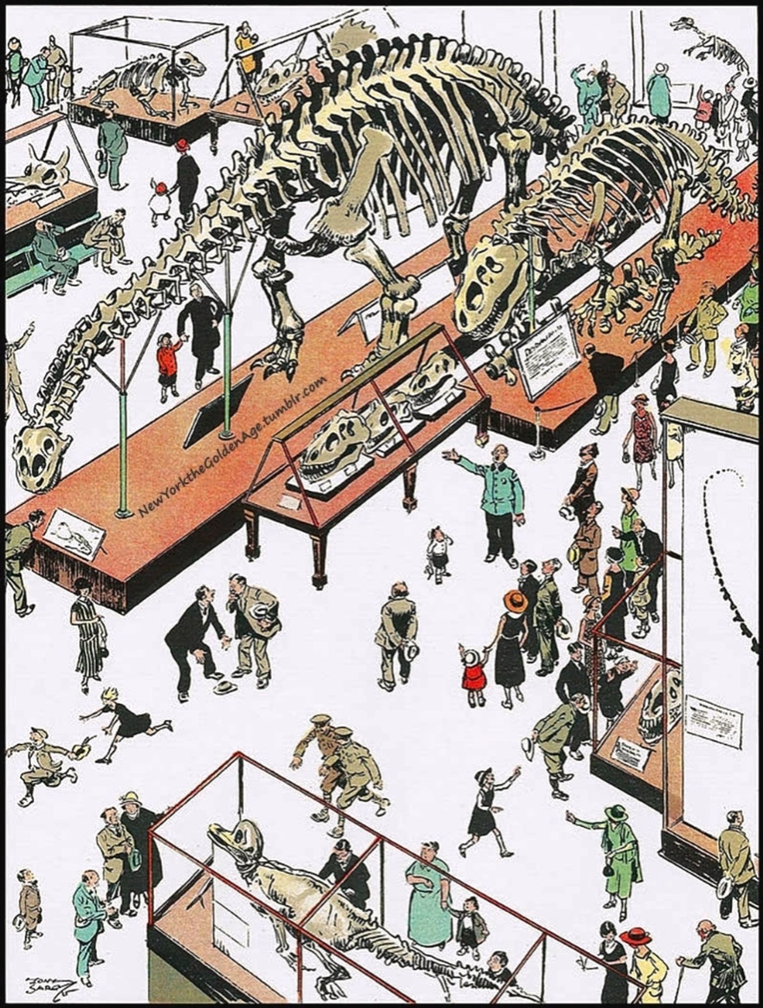 Drawing looking down from above before of the museum dinosaur skeletons gigantic ones posed walking smaller ones in glass cases and people feeling the spaces in between a docent describing them children chasing each other around