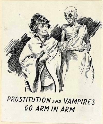 woman escorted by pointed-eared wraith with the caption "Prostitution and vampires go arm in arm"