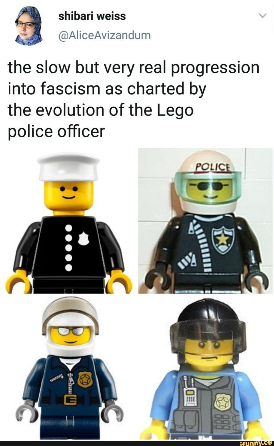 Screenshot of a tree showing at the slow but very real progression into fascism has charted by the evolution of the Lego police officer with four images of increasingly militaristic and intimidating looking Lego cops