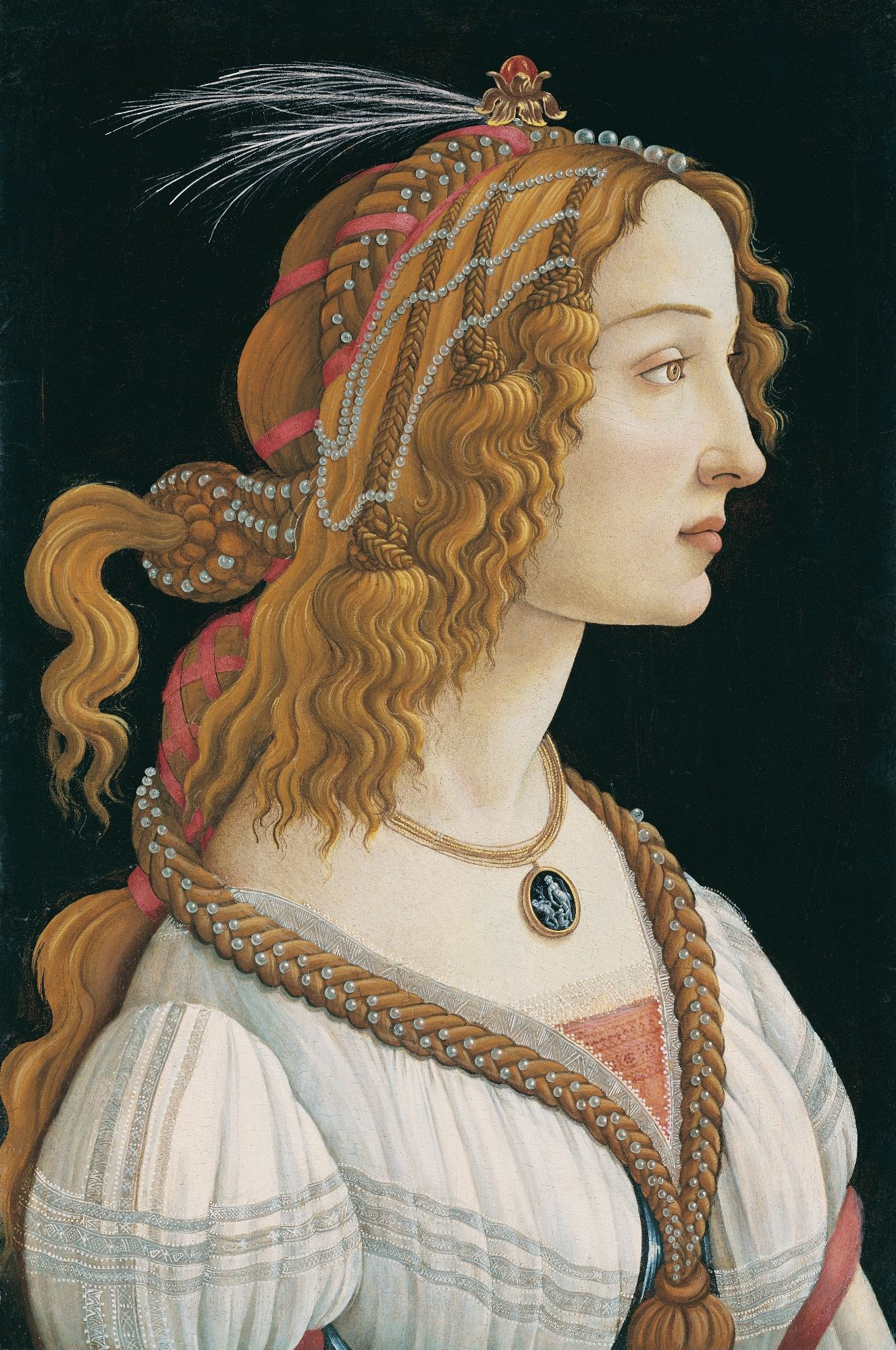 Painting of a blonde women seen in profile elaborate jewelry woven through her hair her dress comparatively simple