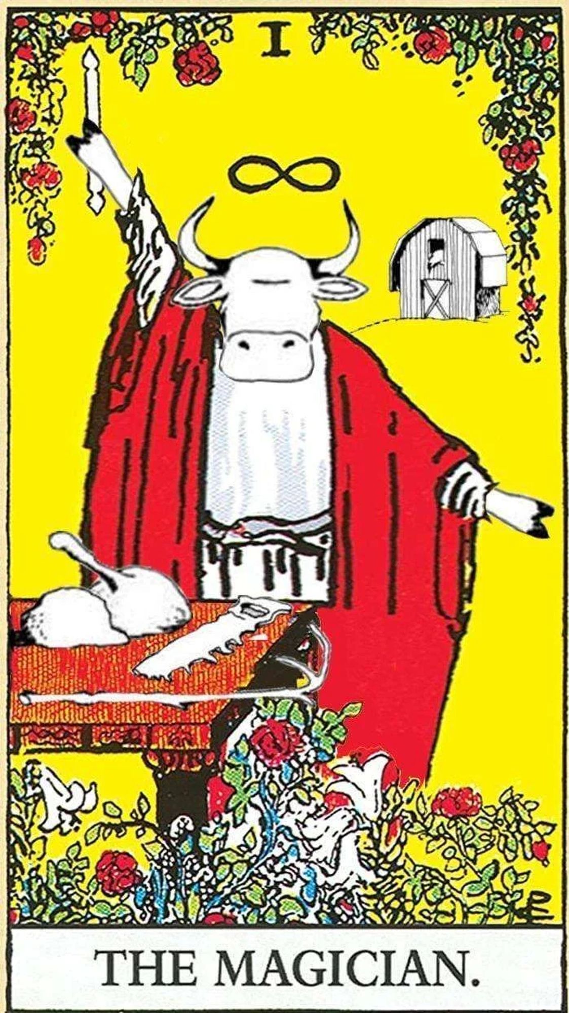 Gary Larson's "Cow tools" altered to look like Patricia Coleman's tarot card for "The Magician." The cow has a red robe and is holding a wand aloft with one hoof. 

Mysterious! Mystic! Incomprehensible!