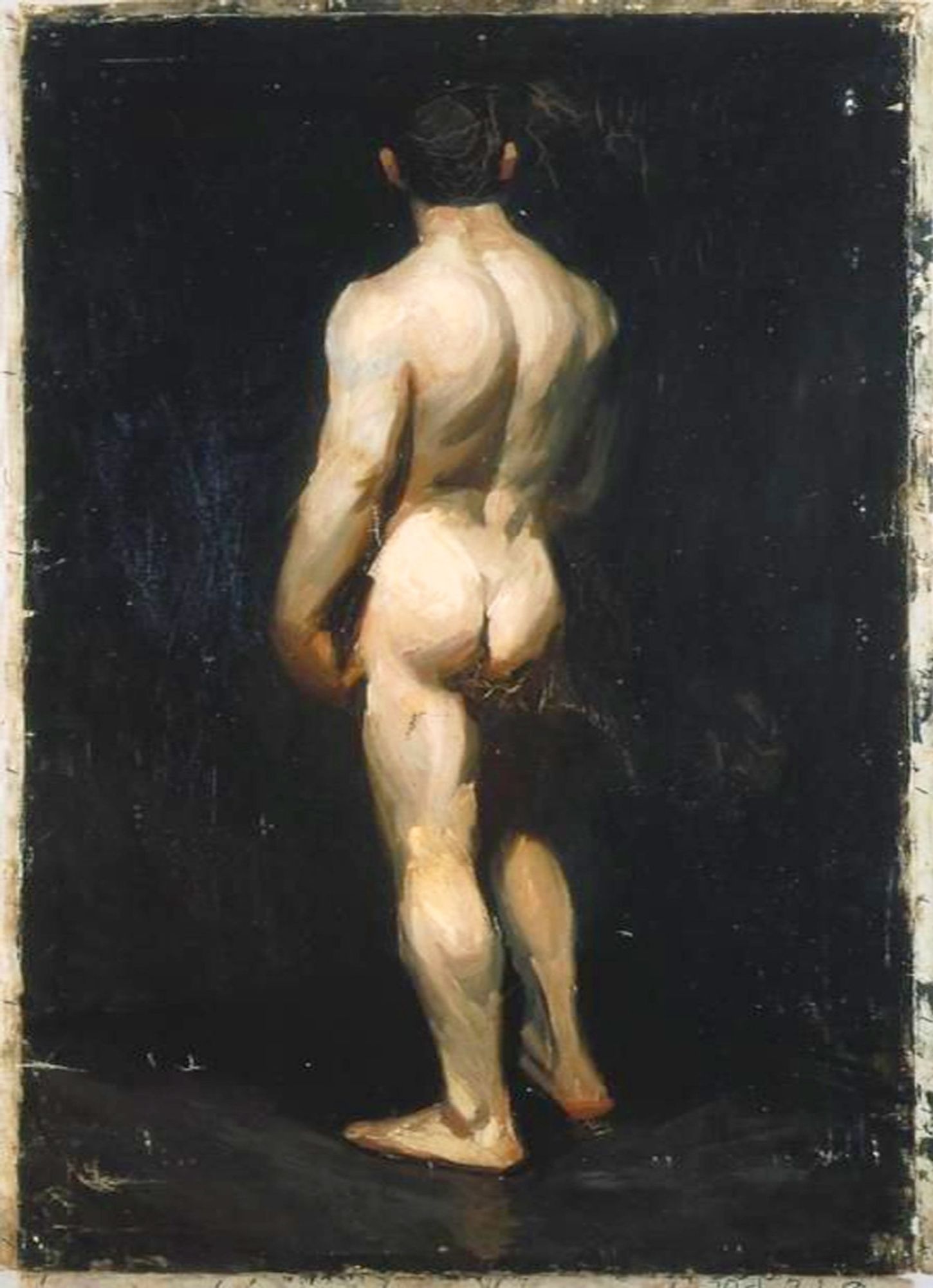 Painting of man seen from behind standing contraposta