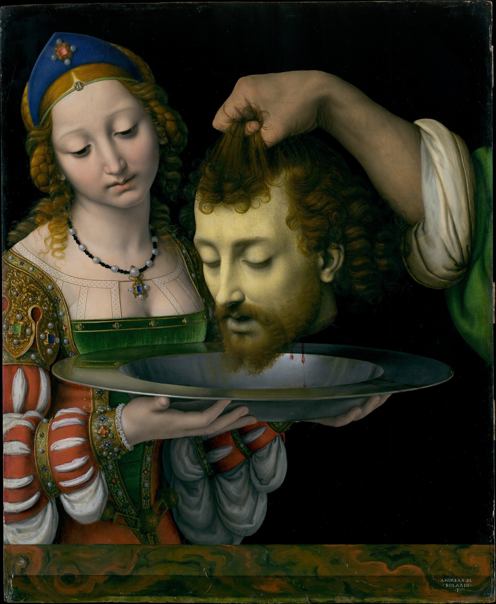 Correctly dressed beautiful woman holding a big platter which someone is depositing a bleeding severed head into she doesn't look gleeful or triumphant but rather sort of mournful here St John looks kind of green