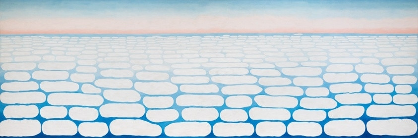 Georgia keeps sky above clouds number four and Incredibly large painting showing simplified oval clouds all separated out in kind of a brick pattern feeling the sky out to Horizon