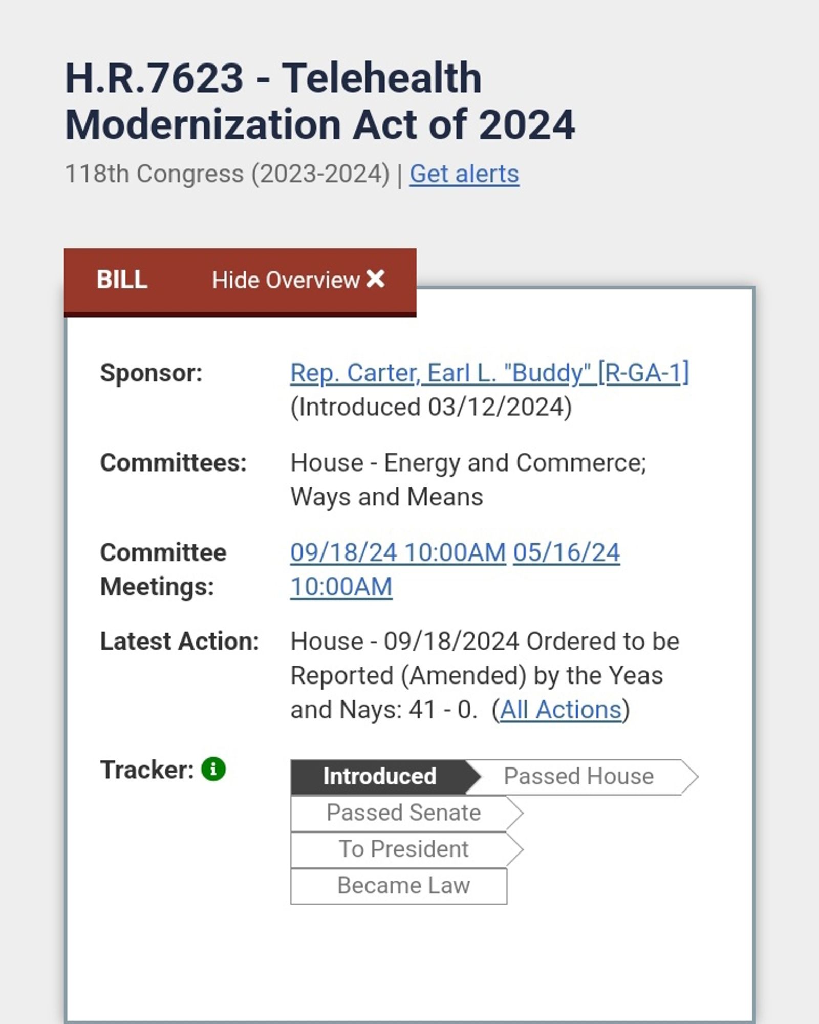 Screenshot of House Bill 7623, showing it hasn't made it to the House floor