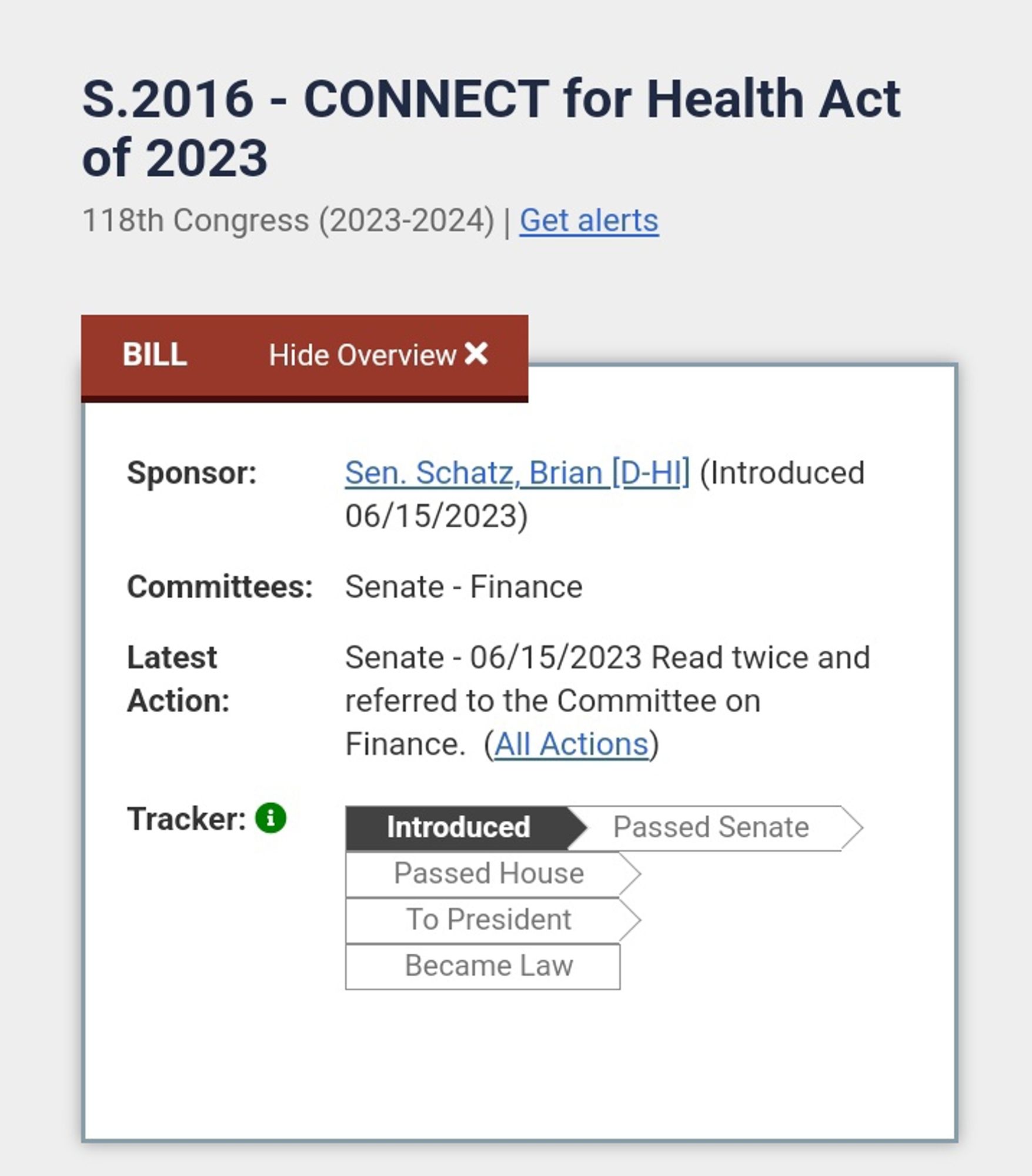 Screenshot of Senate Bill 2016, showing it's been stuck in committee for more than a year.