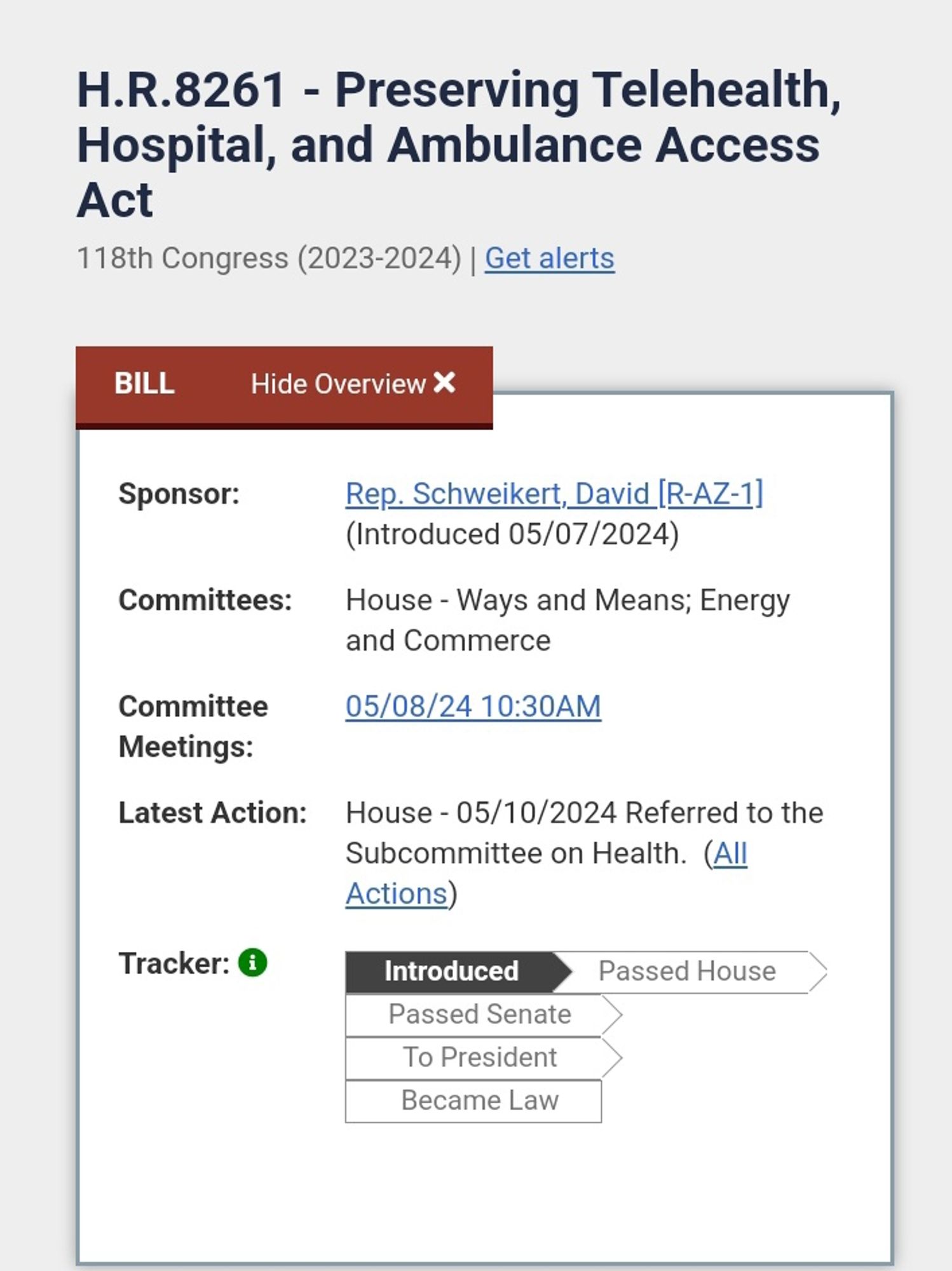 Screenshot of House Bill 8261, showing it's stuck in committee.