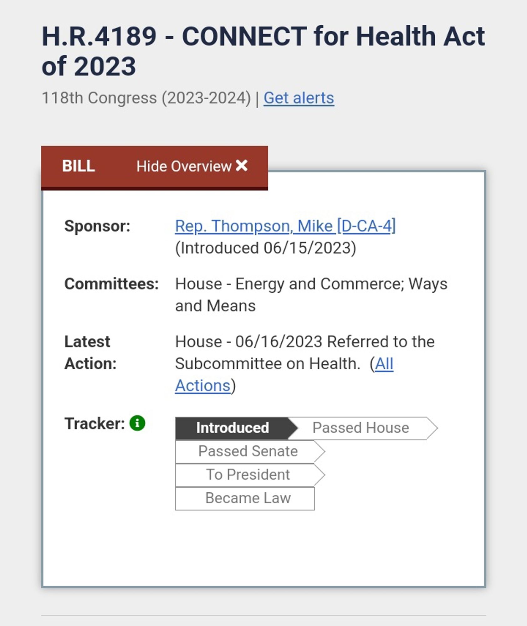 Screenshot of House Bill 4189 showing it's been stuck in committee for more than a year.