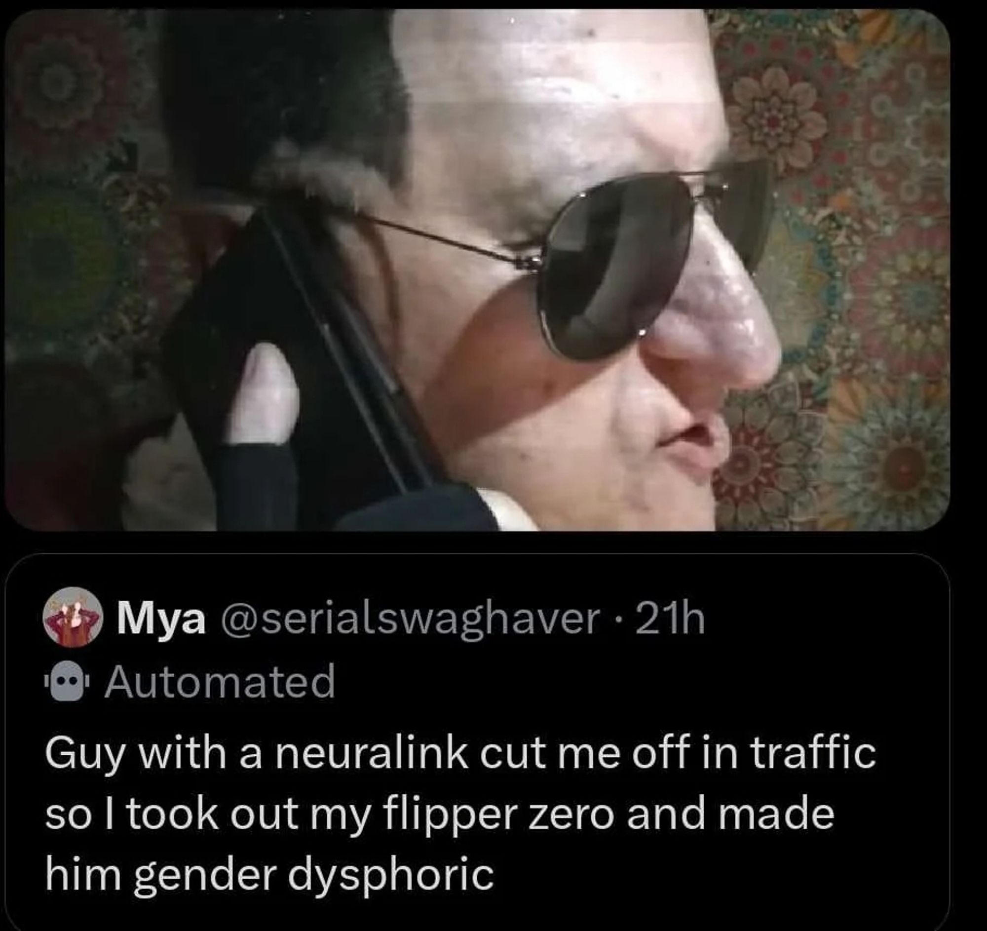 @serialswaghaver: "Guy with a neuralink cut me off in traffic so took out my flipper zero and made him gender dysphoric"