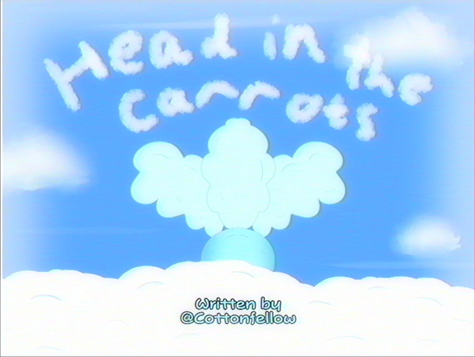 A drawing of a cartoon title card, featuring a sky blue sky carrot peeking partially out of the cloud