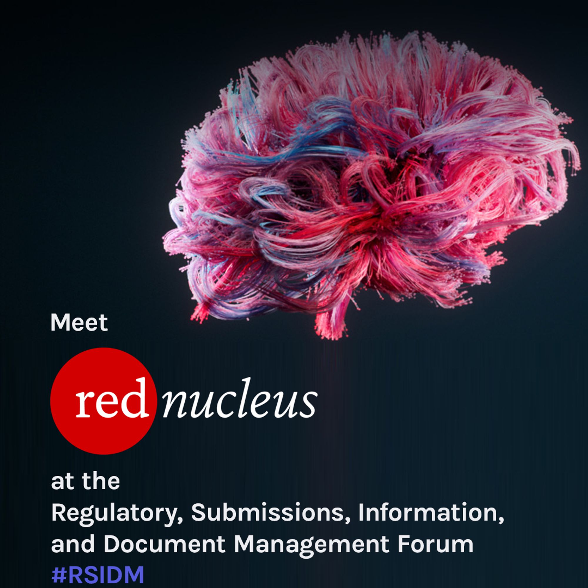 Meet Red Nucleus at the Regulatory Submissions, Information, and Document Management Forum #RSIDM. 
Image of a brain made from fibres, from our animation team. On a dark background.