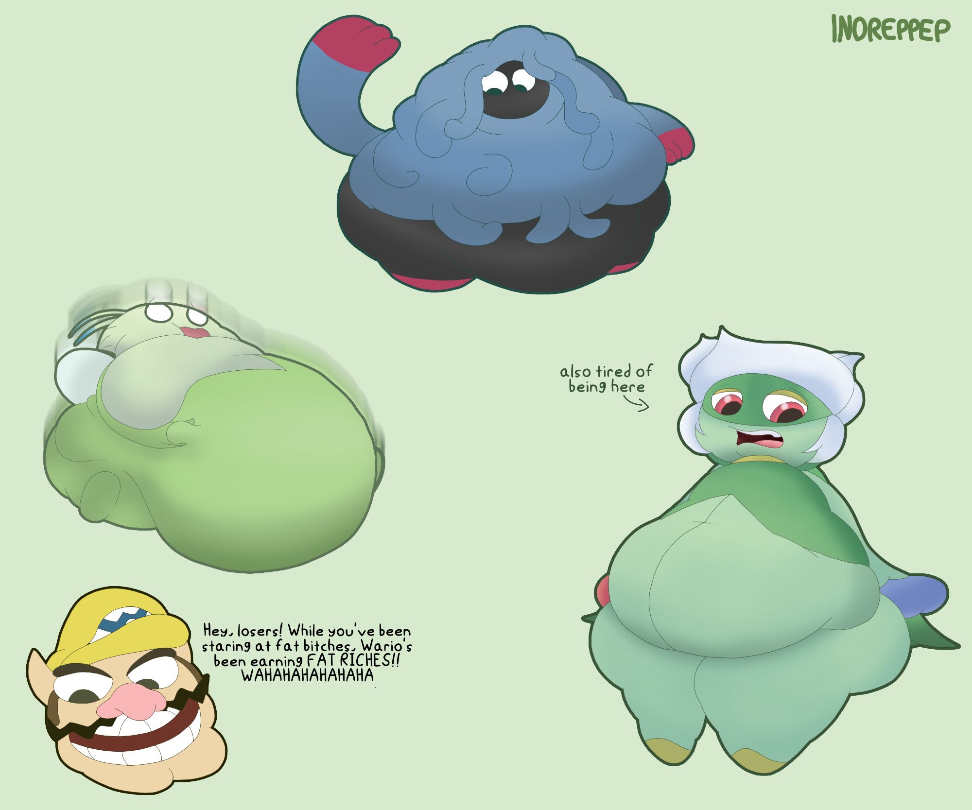 Fat Tangrowth, Celebi, and Roserade from Pokemon. Wario is there too, and he says "Hey, losers! While you've been staring at fat bitches, Wario's been earning FAT RICHES! WAHAHAHAHAHAHAHA"