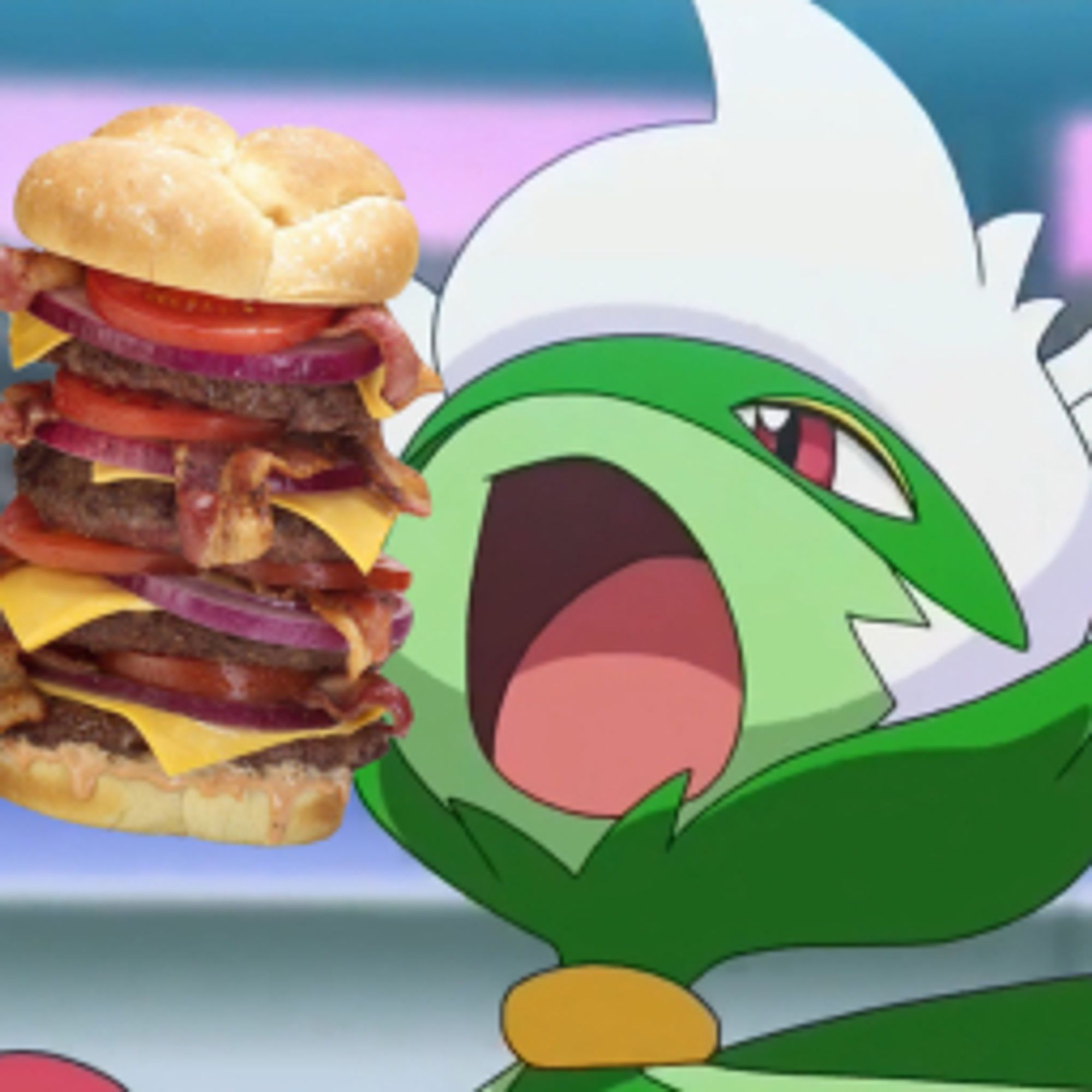 Roserade eating a comically large burger