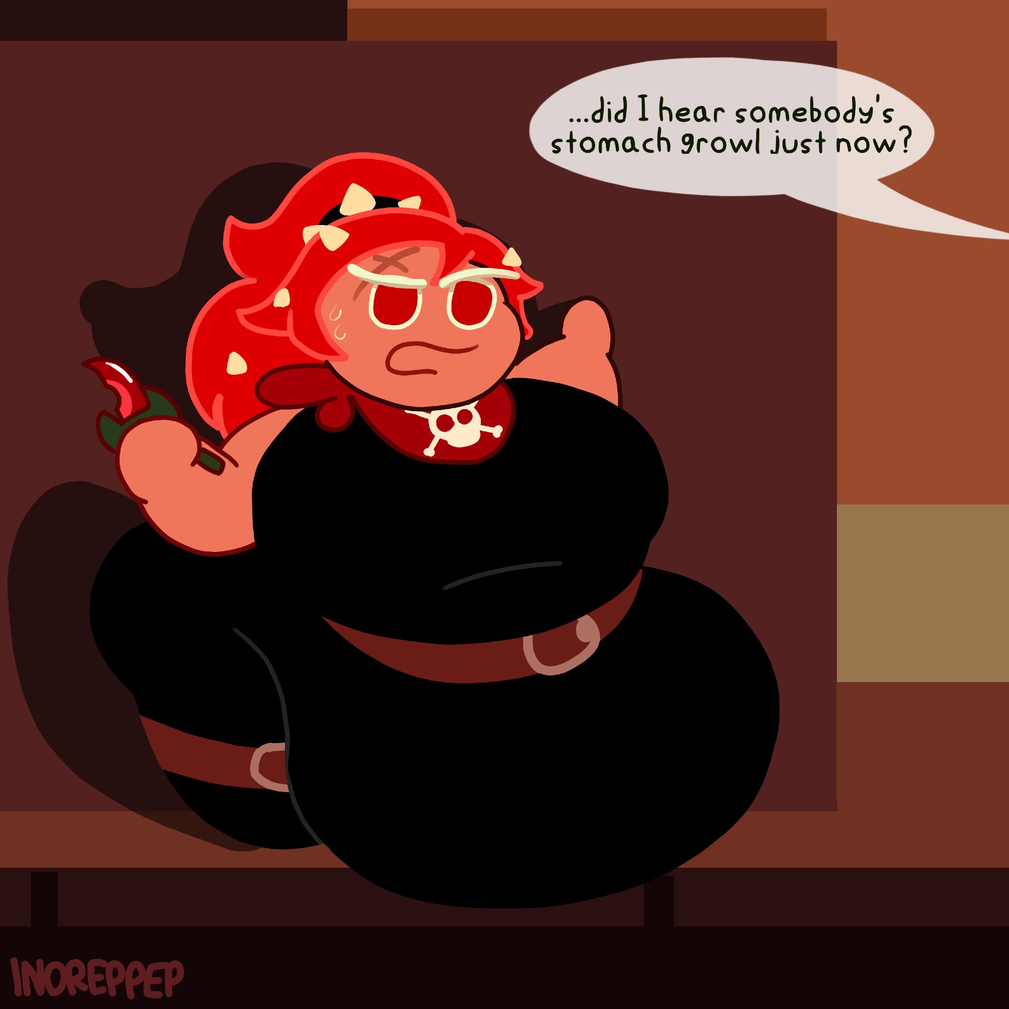 Fat Chili Pepper Cookie from Cookie Run. An off-screen voice says "...did I hear somebody's stomach growl just now?"