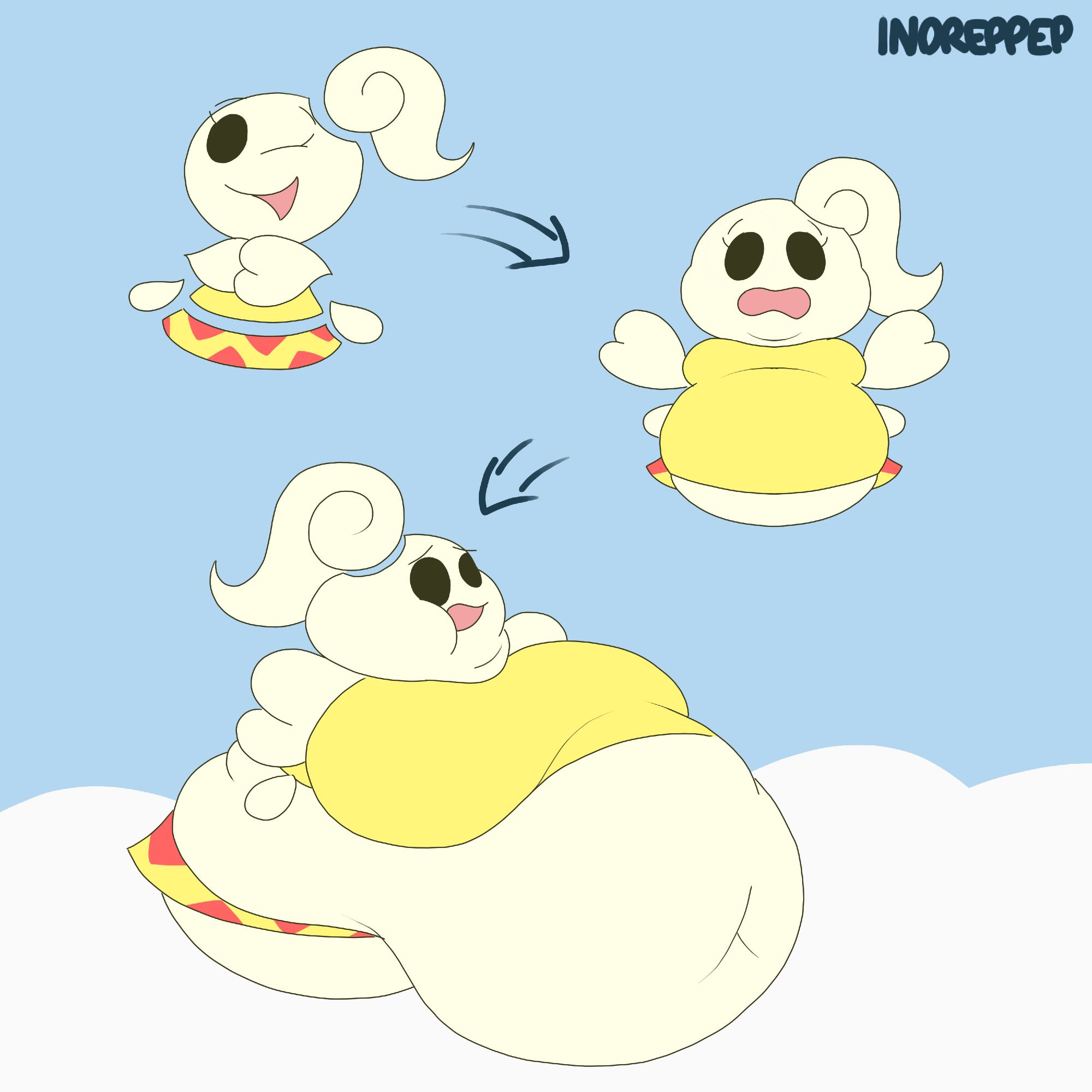 A female Nimbi from Super Paper Mario getting progressively fatter over three stages