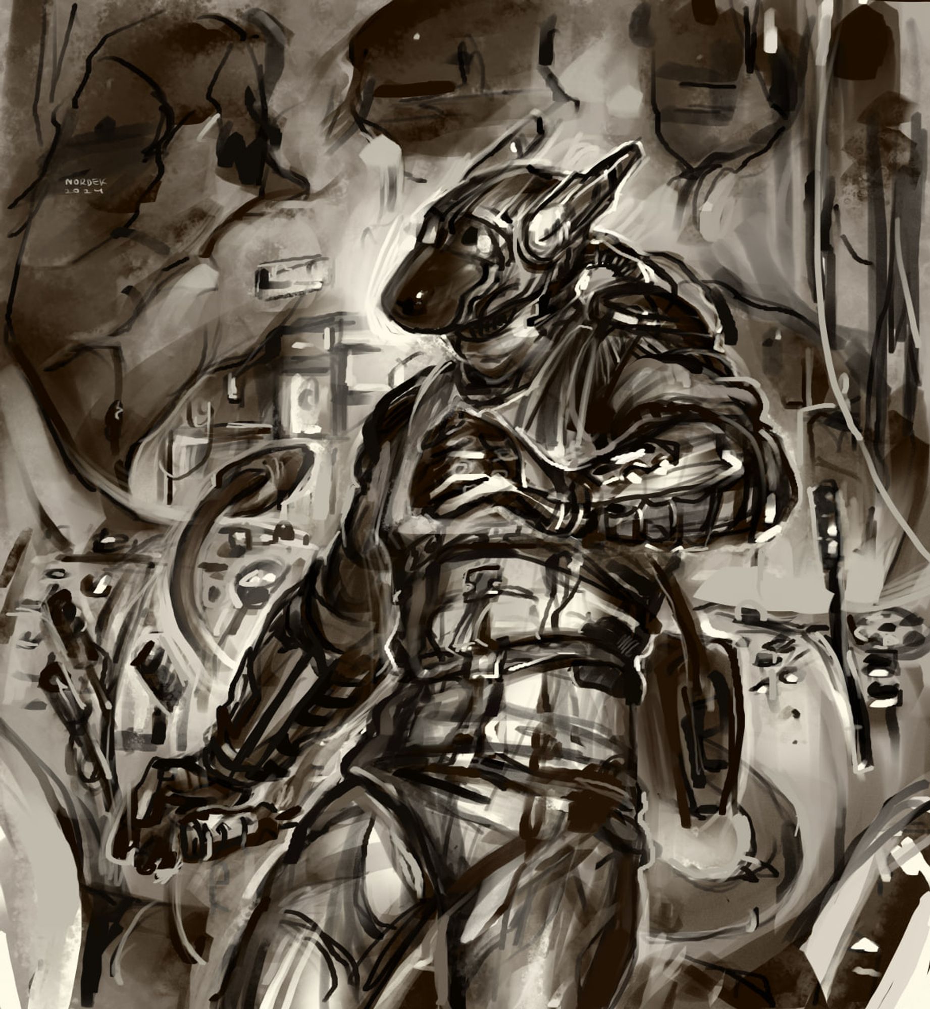 An anthropomorphic gryphon in an environment suit in front of a control panel in a dilapidated lab. His face and head is covered completely by a helmet, yet his expression reads of fear.