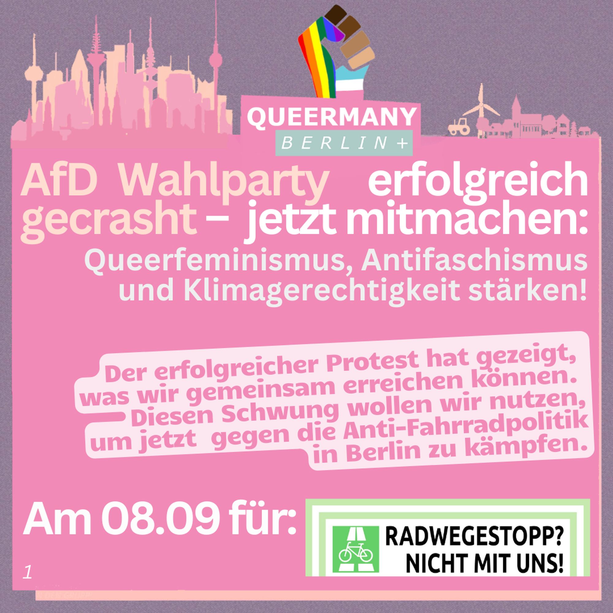 Sharegrafik: AfD Wahlparty erfolgreich gecrasht - jetzt mitmachen: Queerfeminismus, Antifaschismus und Klimagerechtigkeit stärken! Aufruf zur Sternefahrt am 8.09