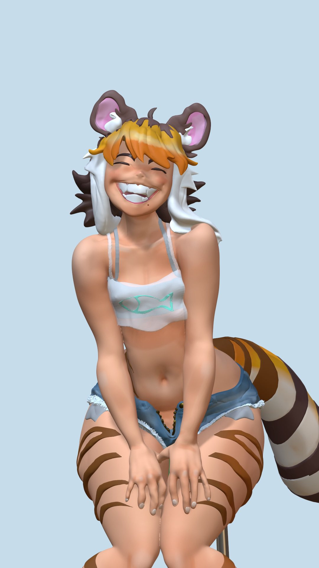 Digital sculpture of Rya, a girl with cat ears, a bushy tiger tail, and cat feet,  wearing a tanktop with a fish on it and cutoff jean shorts, is sitting pitched forward on a stool, her hands on her knees, grinning a toothy grin