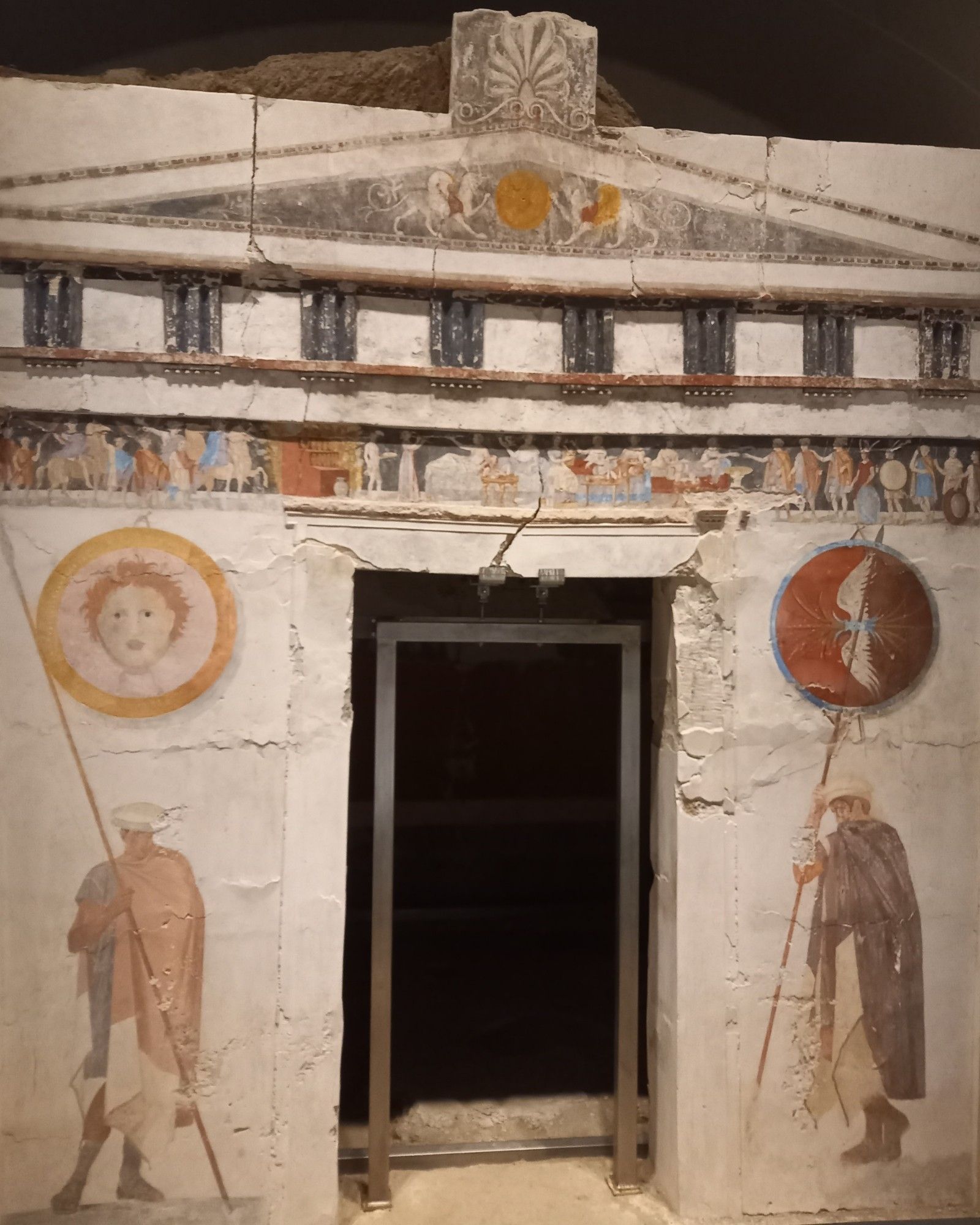 Painted façade of an ancient Macedonian tomb.