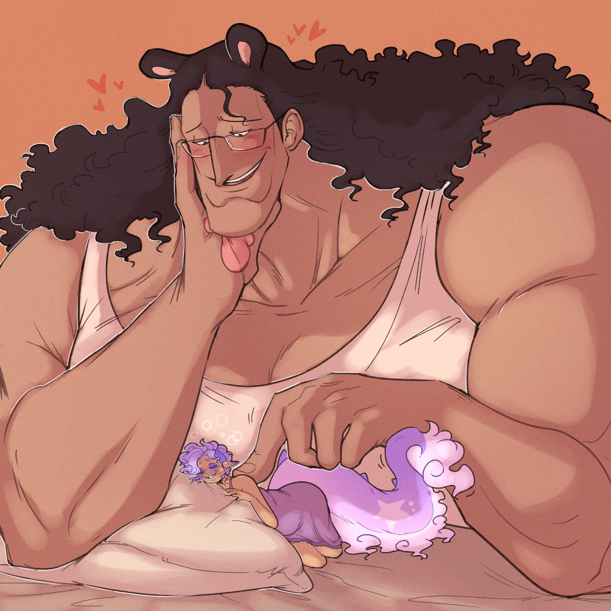 Bartholomew Kuma from One Piece and an original character Starbii both relaxing in bed together as Kuma gently scritches Starbii's back with just a single finger due to how large he is. Kuma towers over Starbii, he's muscular with tan skin and dark thick curly hair with bear ears atop his head. Starbii's face is in bliss. Starbii is very small and chubby with brown skin and short lavender hair while wearing a purple nightgown. They also have a long purple tail with a star shape pattern on it. 