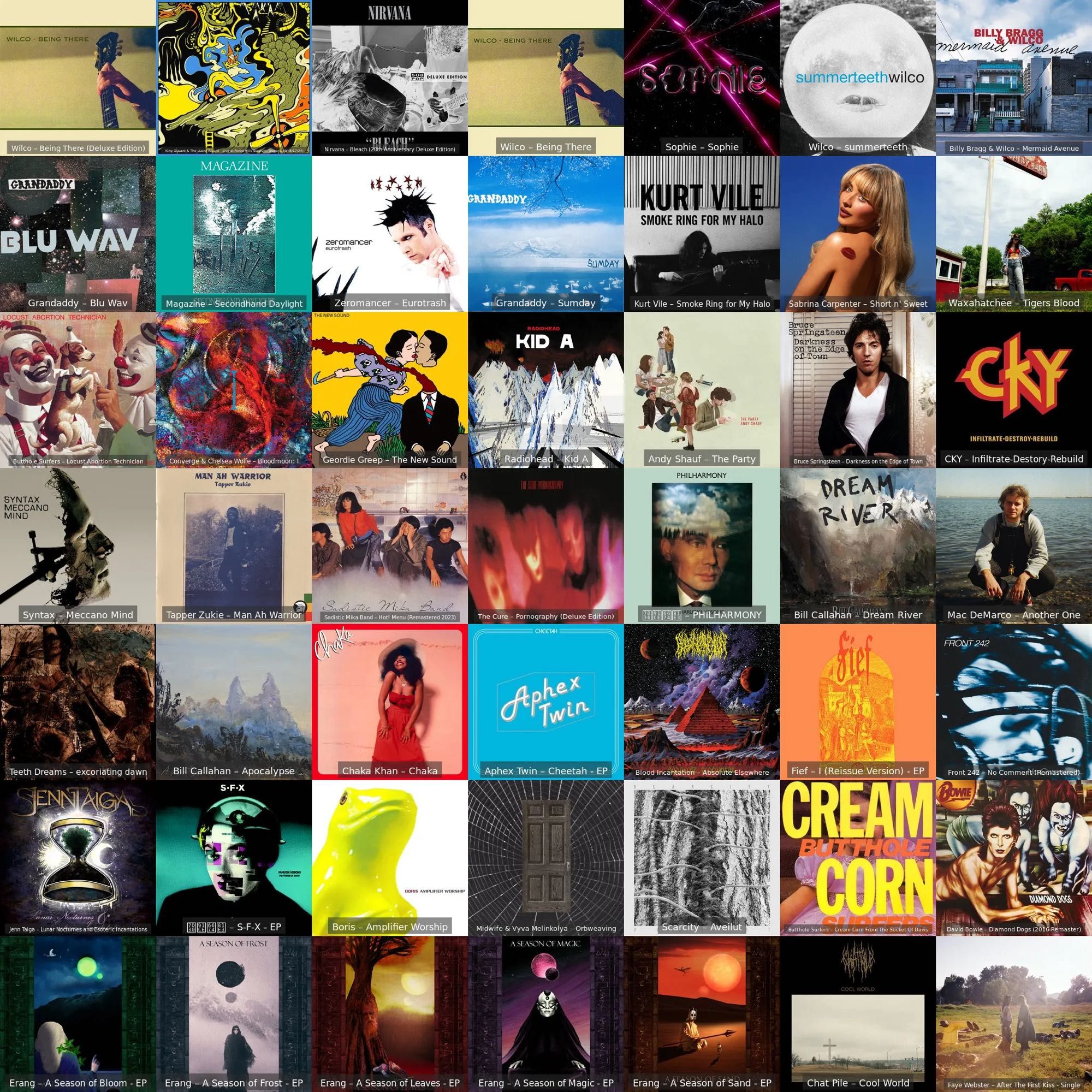 49 album covers (in 7 rows of 7) showing my most listened releases for the last 7 days, ranked by number of track plays. includes albums and singles from wilco, king gizzard & the lizard wizard, nirvana, sophie, billy bragg & wilco, grandaddy, magazine, zeromancer, kurt vile, sabrina carpenter, waxahatchee, butthole surfers, converge & chelsea wolfe, geordie greep, radiohead, andy shauf, bruce springsteen, cky, syntax, tapper zukie, sadistic mika band, the cure, haruomi hosono, bill callahan, mac demarco, teeth dreams, chaka khan, aphex twin, blood incantation, fief, front 242, jenn taiga, boris, midwife & vyva melinkolya, scarcity, david bowie, erang, chat pile, faye webster