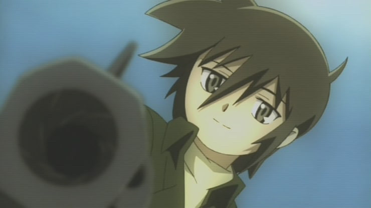 An androgynous figure (the titular Kino from Kino's Journey), wearing a jacket, pointing a gun directly at the viewer so that we are staring down its barrel. They are faintly smiling.